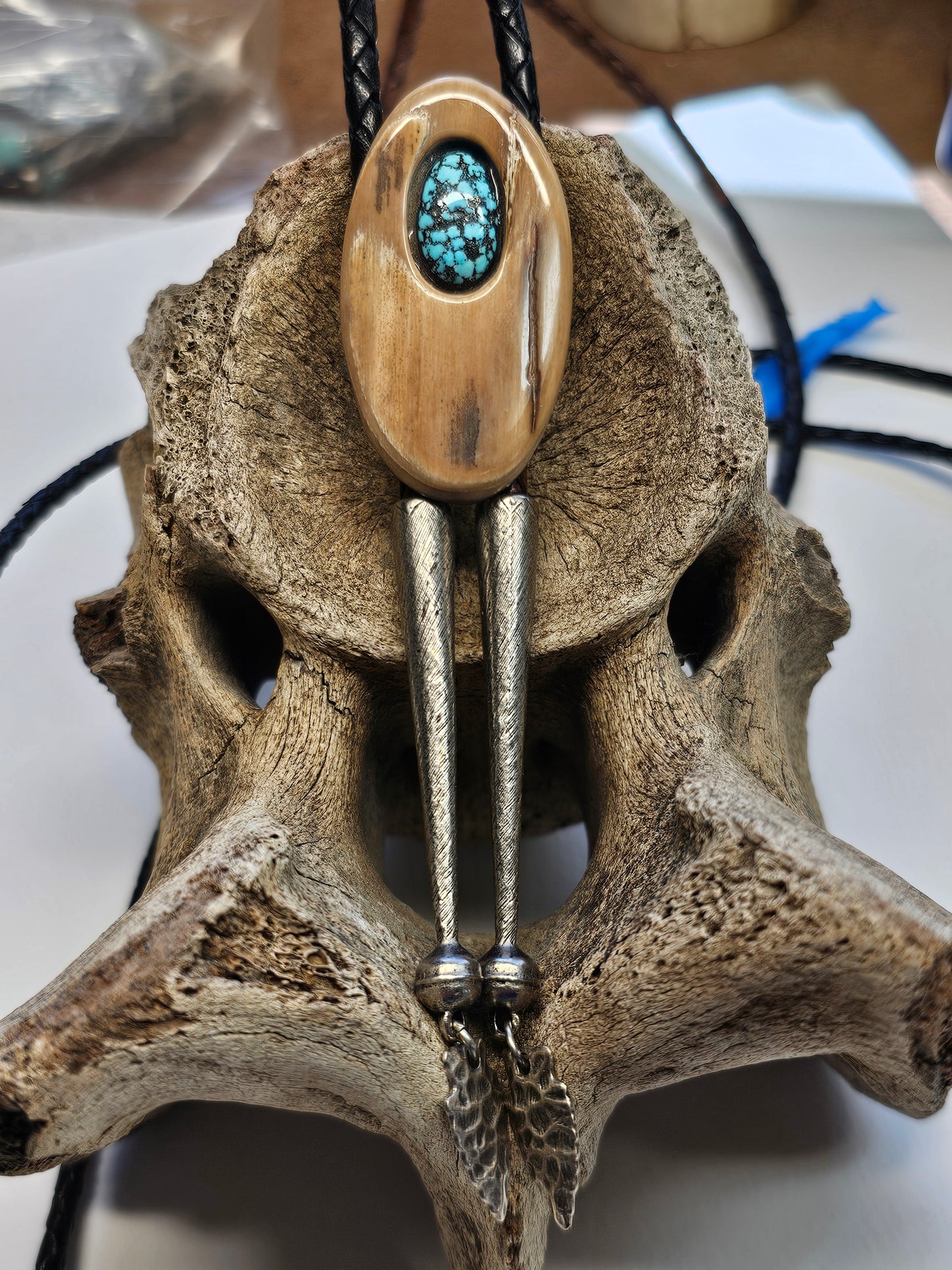 Woolly Mammoth Ivory Bolo Tie with Kingman Turquoise Inlay