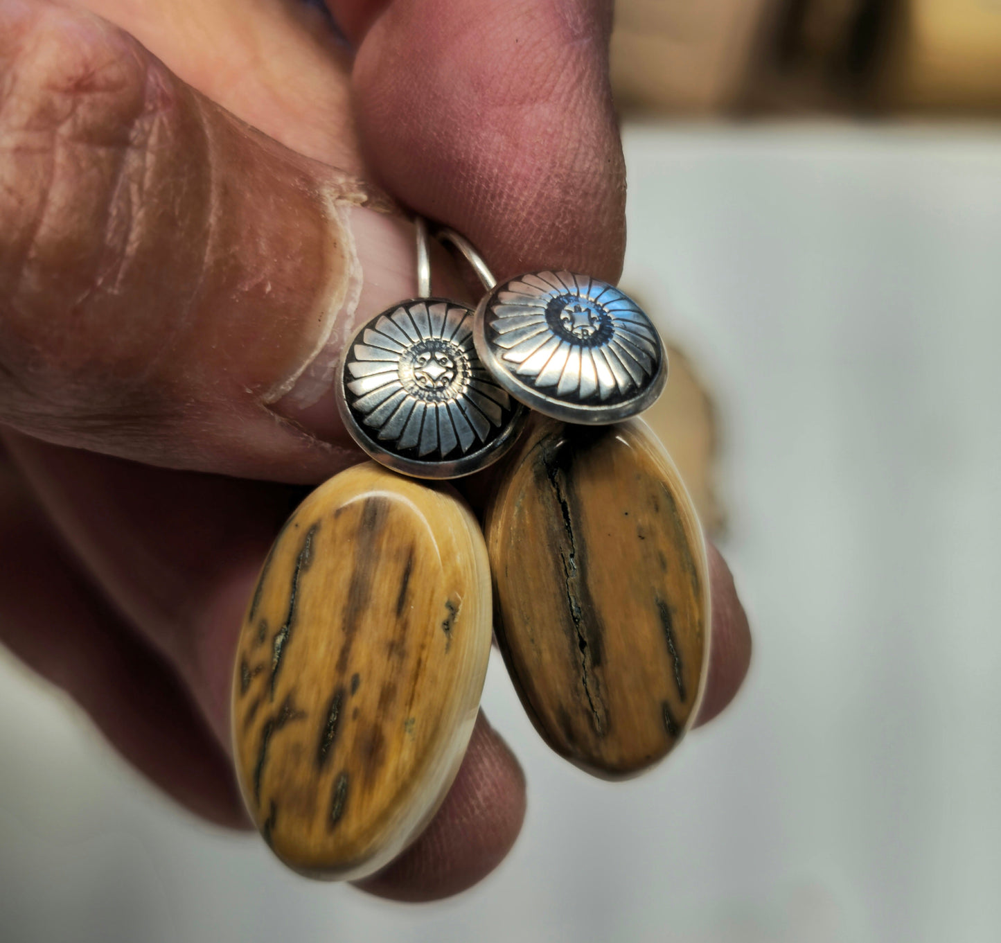 Boneyard Alaska Woolly Mammoth Ivory Cabochon and Sterling Sunflower Earrings