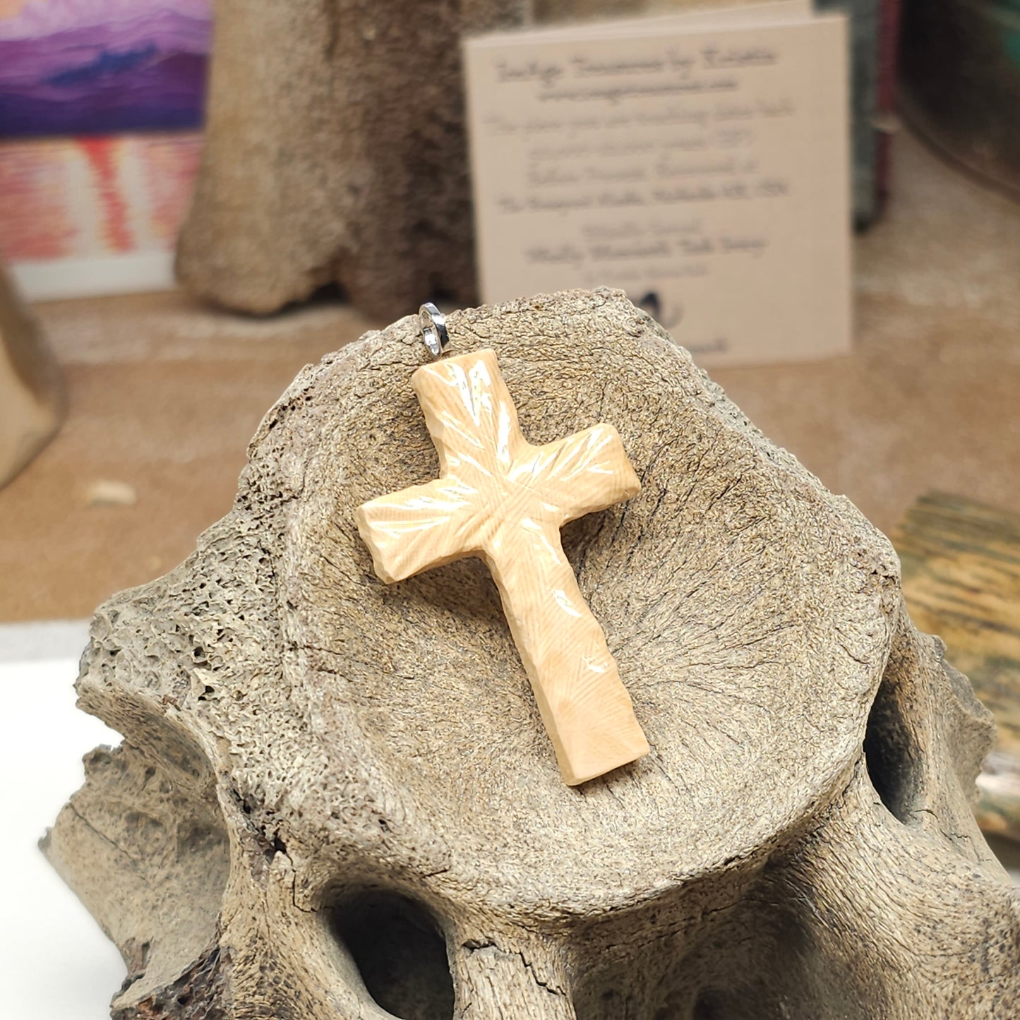 Boneyard Alaska Woolly Mammoth Ivory Carved Christian Cross Pendant