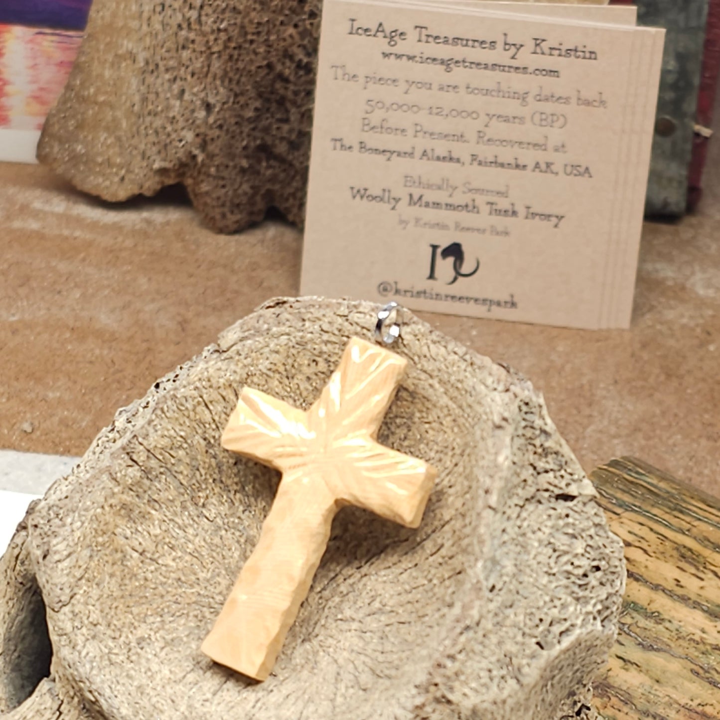 Boneyard Alaska Woolly Mammoth Ivory Carved Christian Cross Pendant