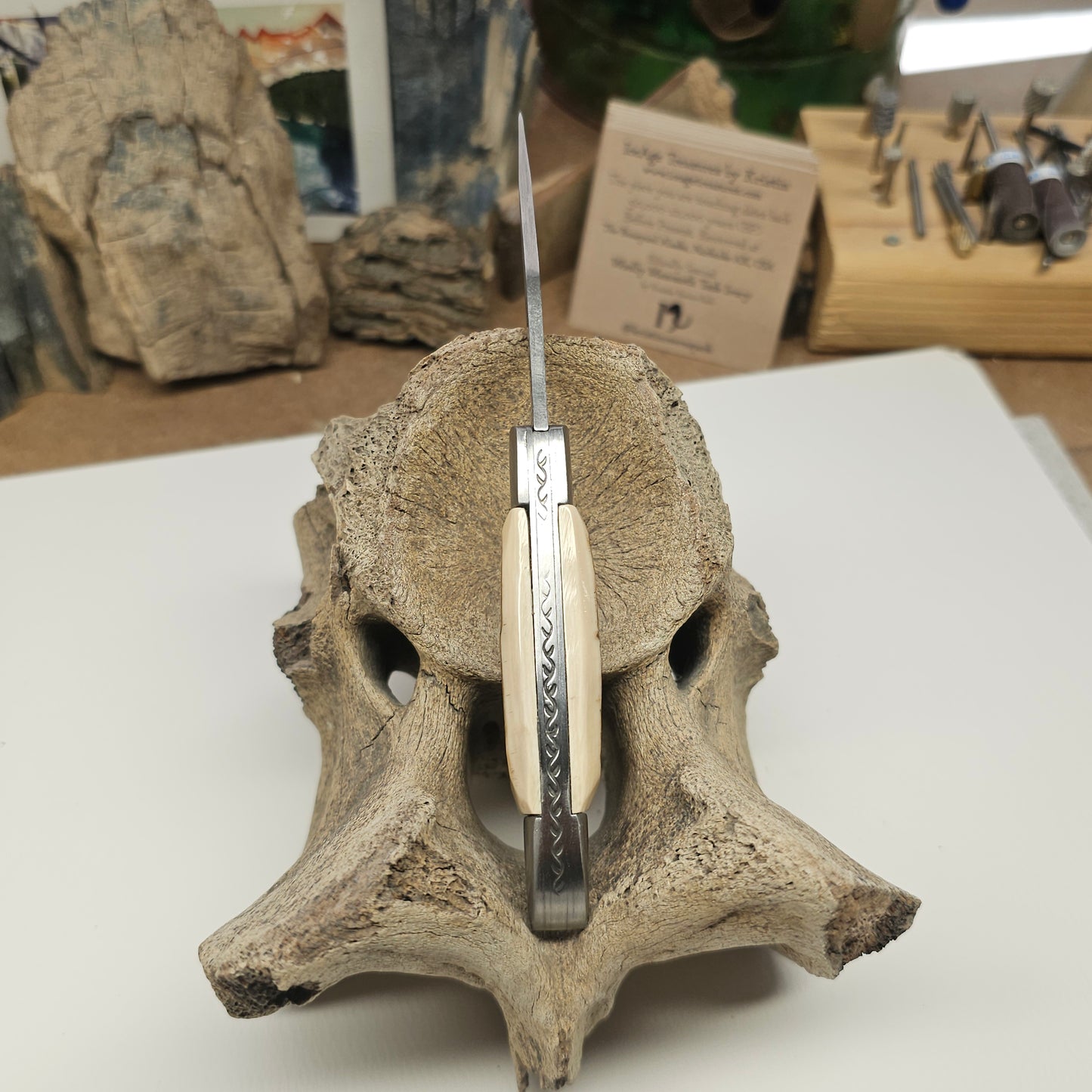 Woolly Mammoth Ivory Grip Texas Toothpick Pocket Knife - Damascus