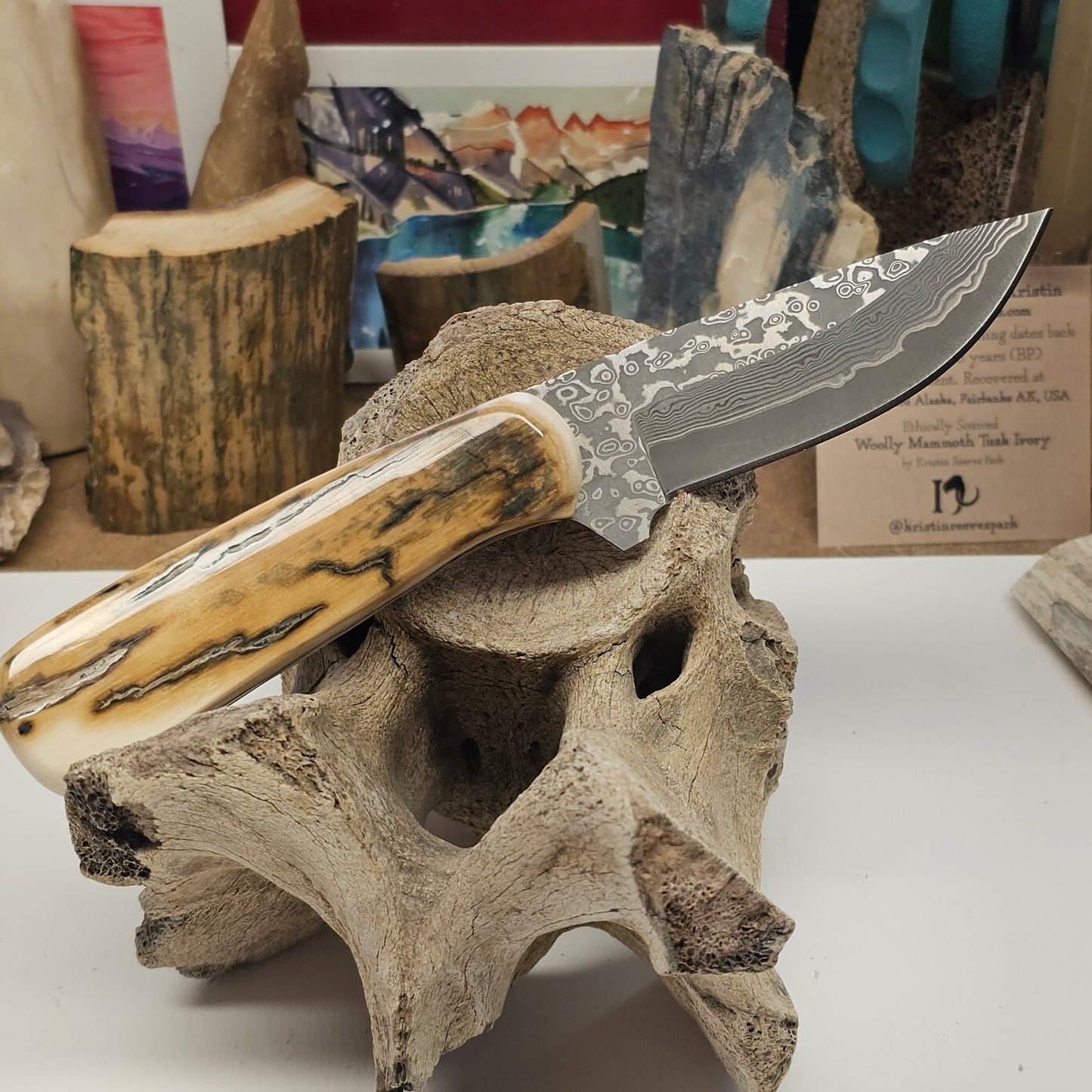Boneyard Alaska Mammoth Ivory Grip Fixed Blade San Mai Damascus