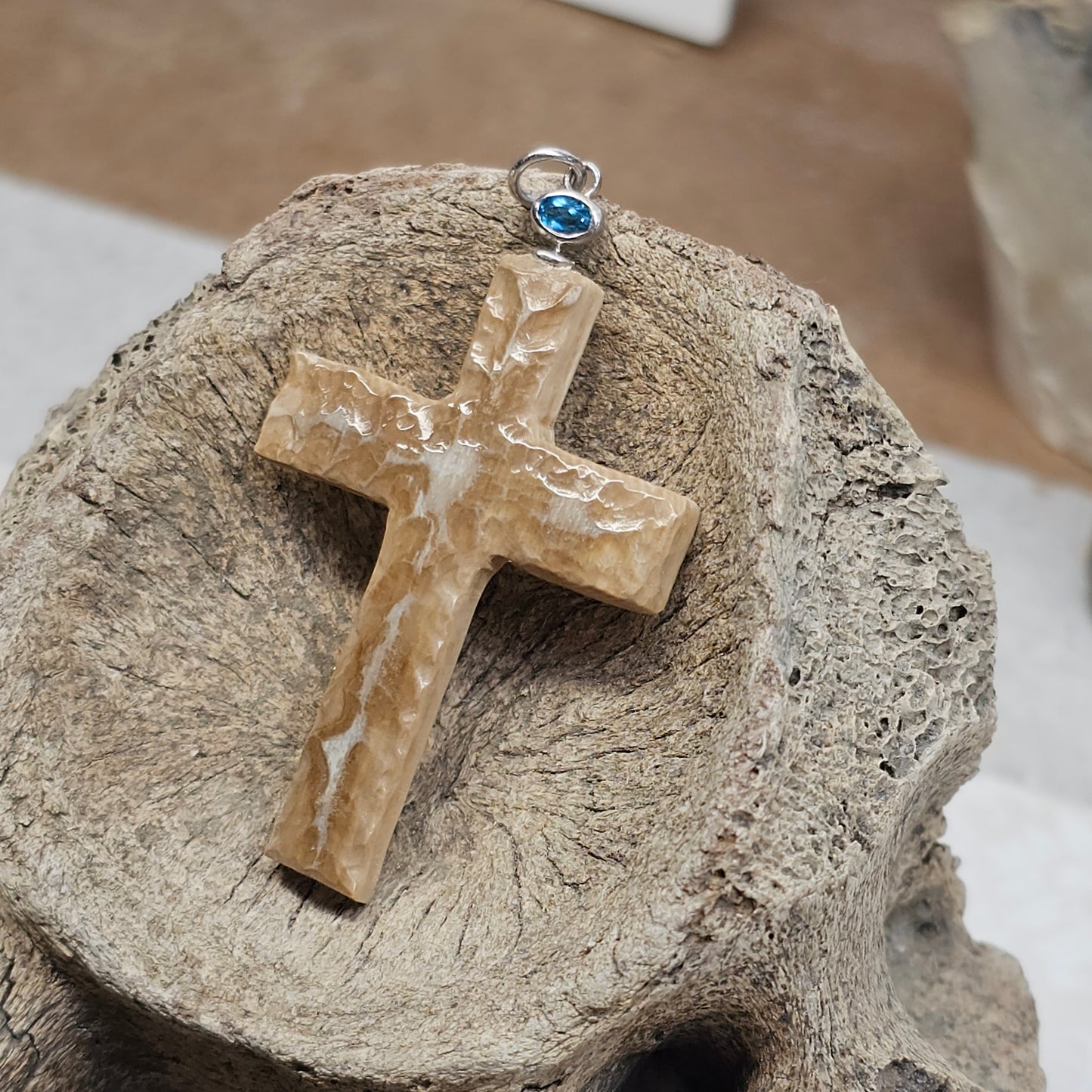 Boneyard Alaska Woolly Mammoth Ivory Carved Christian Cross with Glacier Blue Bale