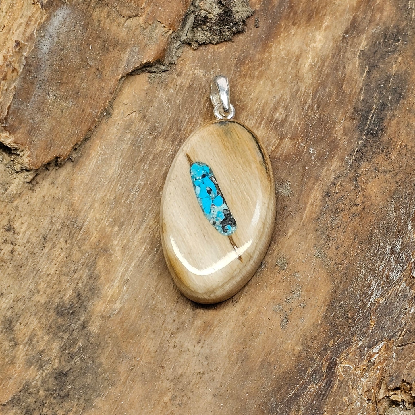 Boneyard Alaska Woolly Mammoth Ivory Cabochon and Turquoise Inlay Pendant