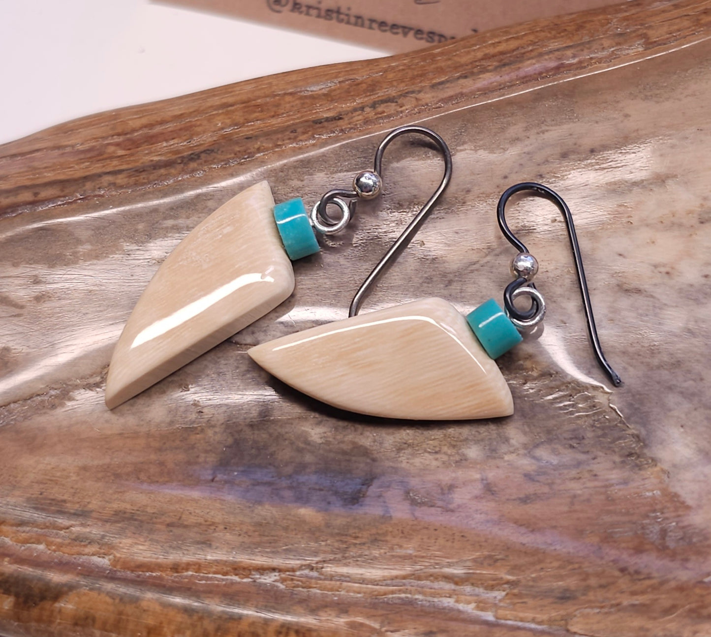 Boneyard Alaska Woolly Mammoth Ivory Earrings with Turquoise Heishi Drop