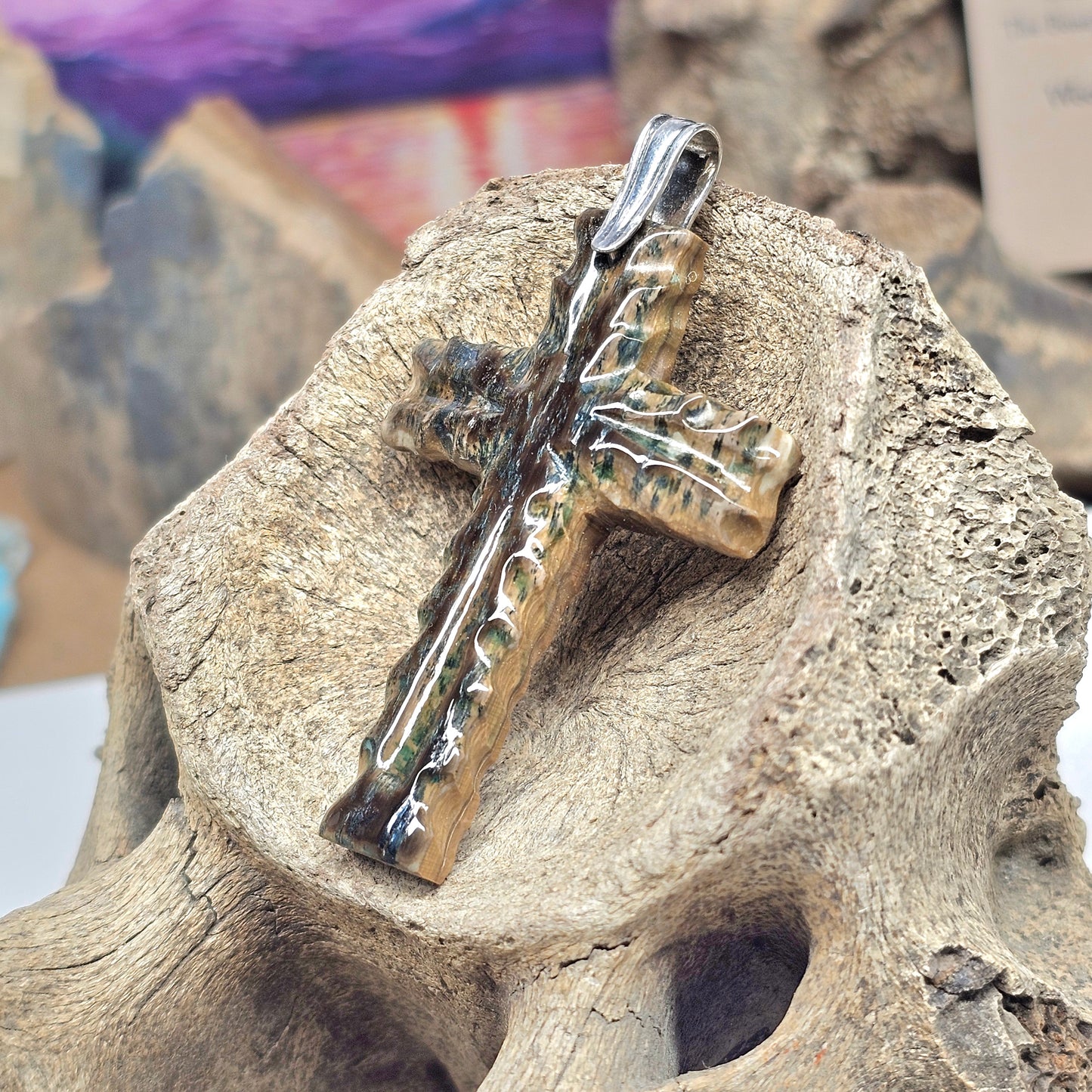 Woolly Mammoth Fossil Ivory Christian Cross Pendant | Vivianite Rich