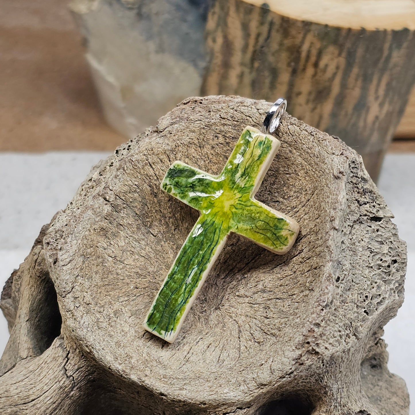 Lightly carved, skrimmed and inked Boneyard Alaska Woolly Mammoth Ivory Cross by Kristin Reeves Park