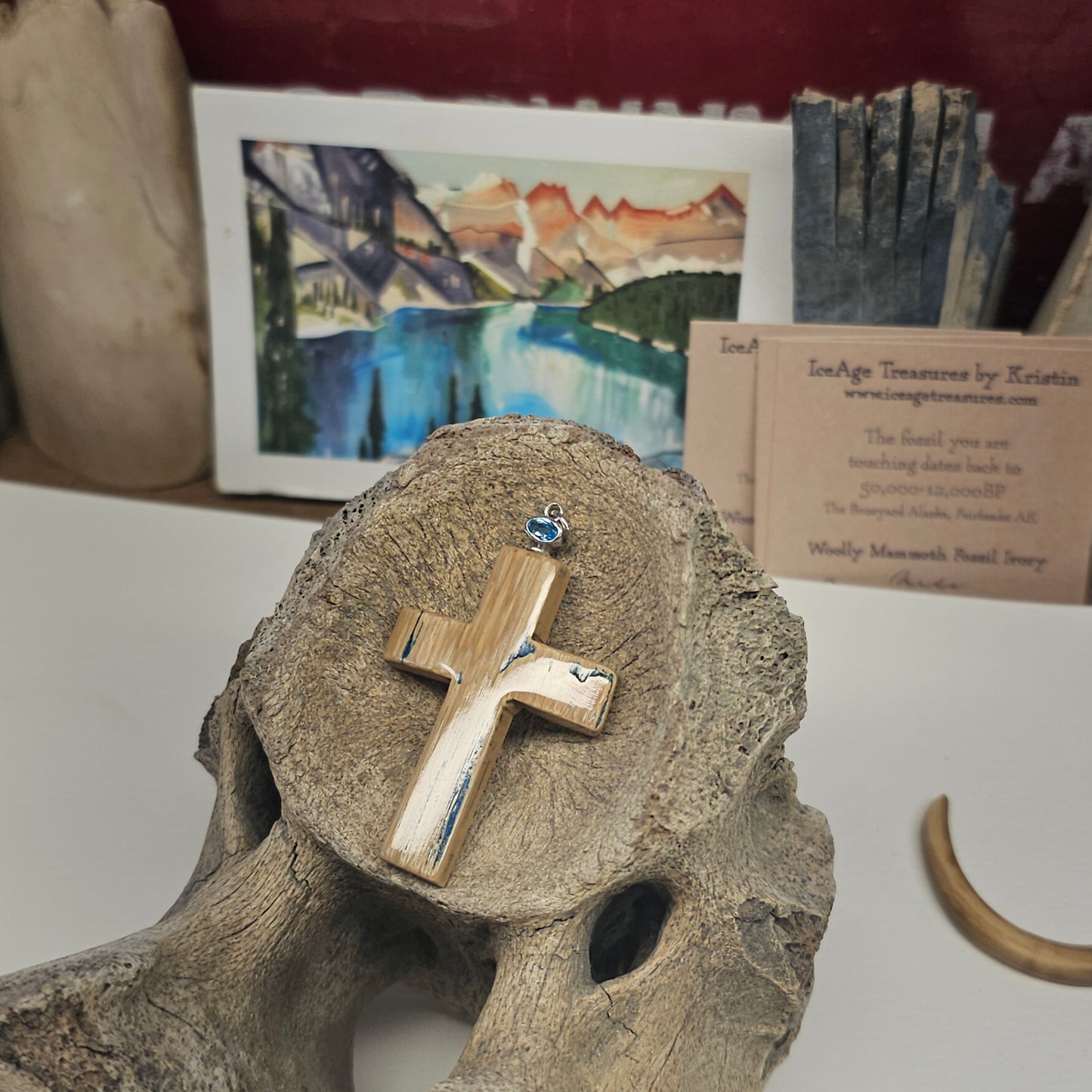 Boneyard Alaska Woolly Mammoth Ivory Carved Christian Cross with Glacier Blue Bale