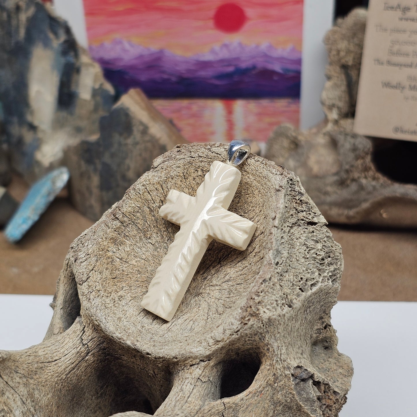 Carved Fossil Ivory Christian Cross Pendant – Faceted Form | Ice Age Treasures
