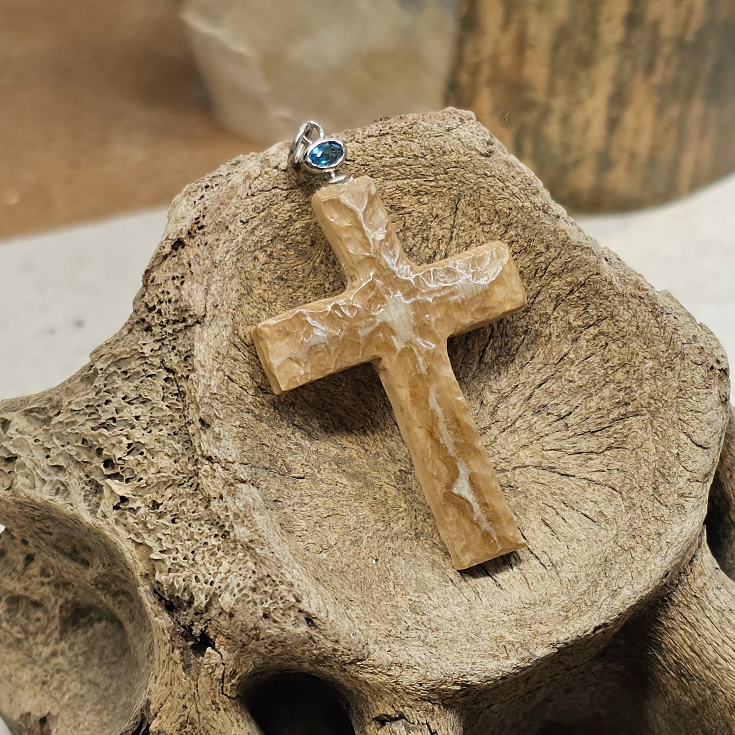 Boneyard Alaska Woolly Mammoth Ivory Carved Christian Cross with Glacier Blue Bale