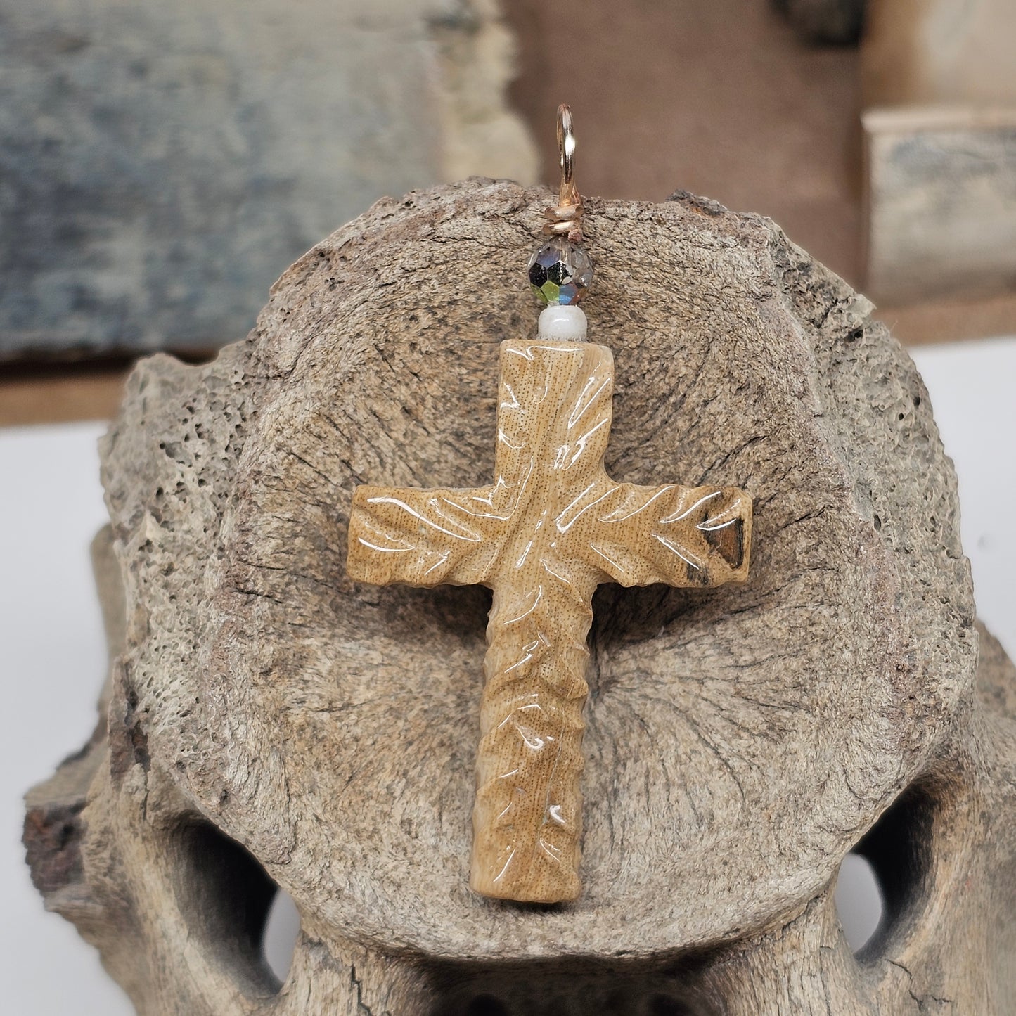 Woolly Mammoth Ivory Carved Christian Cross Pendant Vintage Bead | Ice Age Treasures