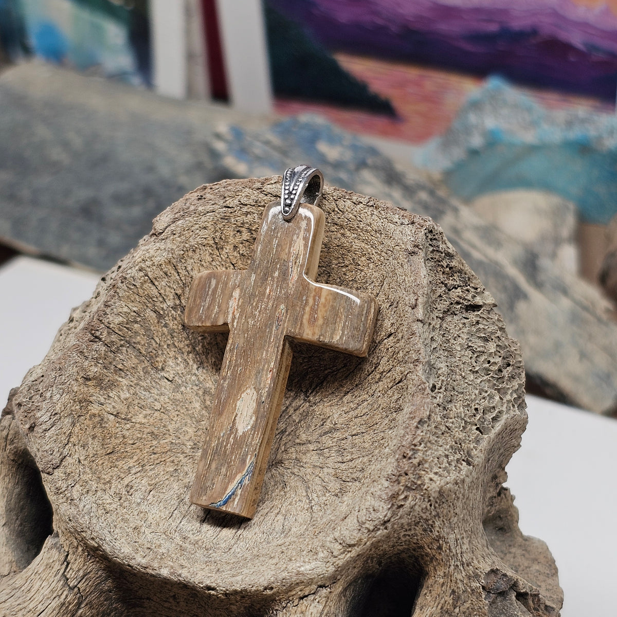 Woolly Mammoth Fossil Ivory Carved Christian Cross Pendant | Ice Age Treasures