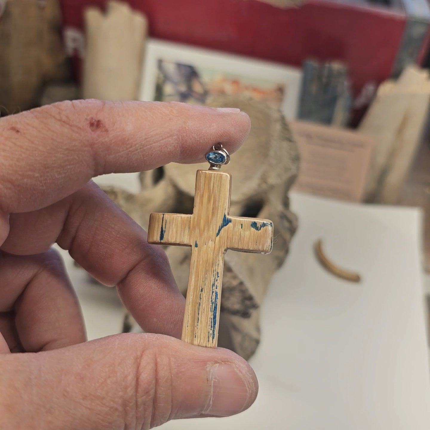Boneyard Alaska Woolly Mammoth Ivory Carved Christian Cross with Glacier Blue Bale