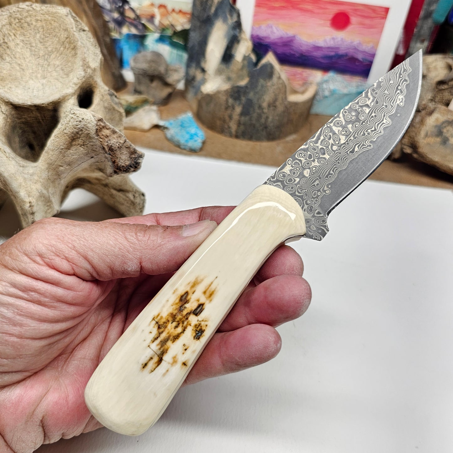 Woolly Mammoth Fossil Ivory Grip Damascus Blade Knife | Boneyard Alaska