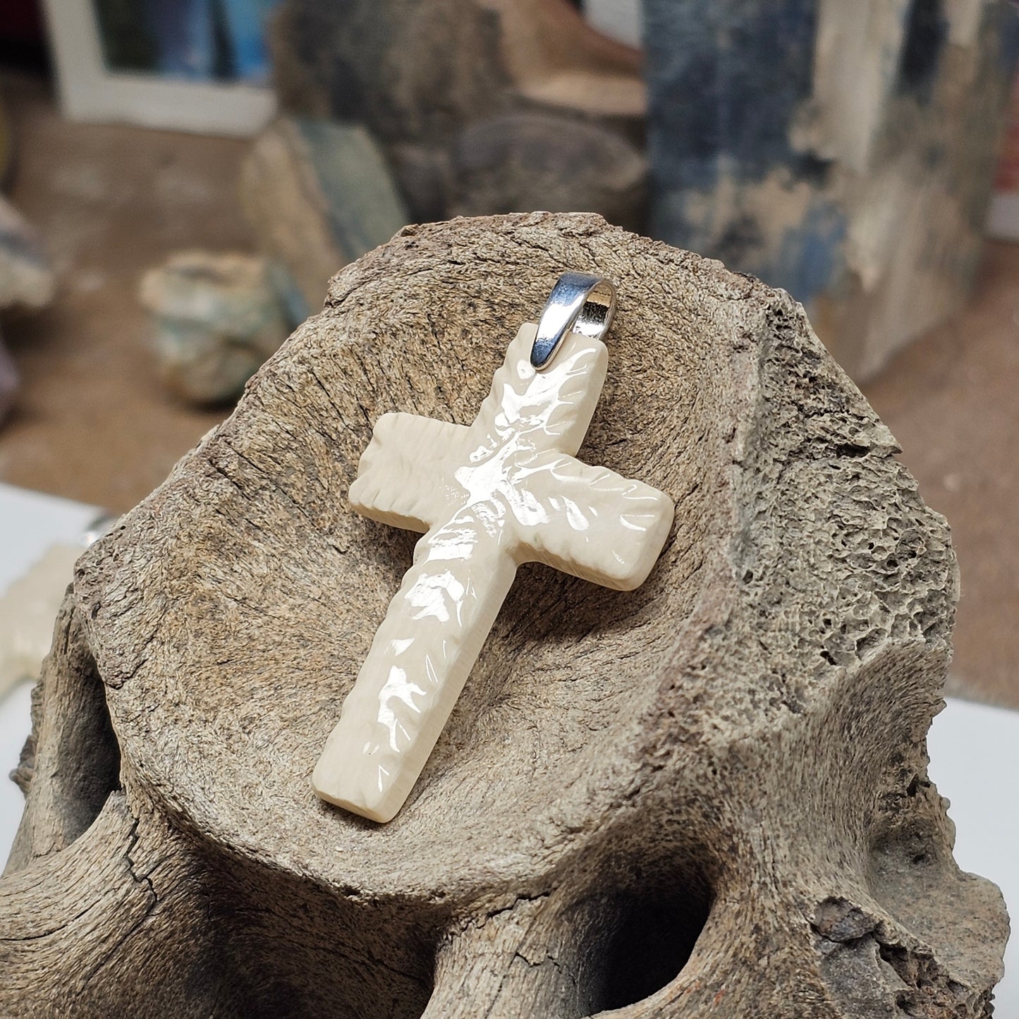 Woolly Mammoth Fossil Ivory Christian Cross Pendant – Classic | Ice Age Treasures