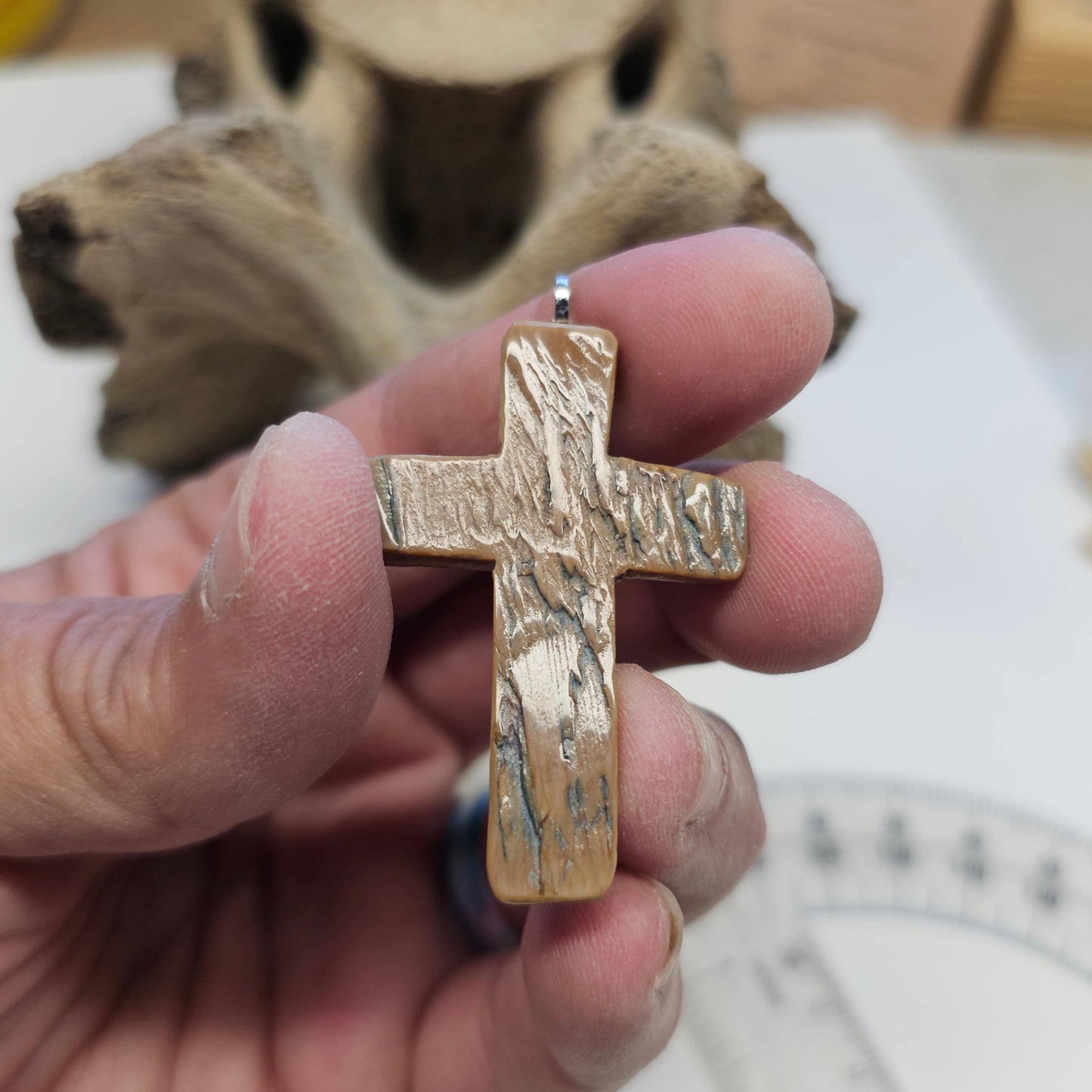 Boneyard Alaska Woolly Mammoth Ivory Christian Cross-Natural Bark Layer