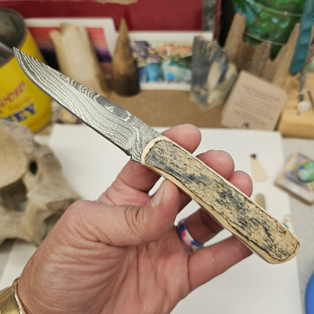 Boneyard Alaska Woolly Mammoth and USA Damascus Fixed Blade Knife 7-1/2"