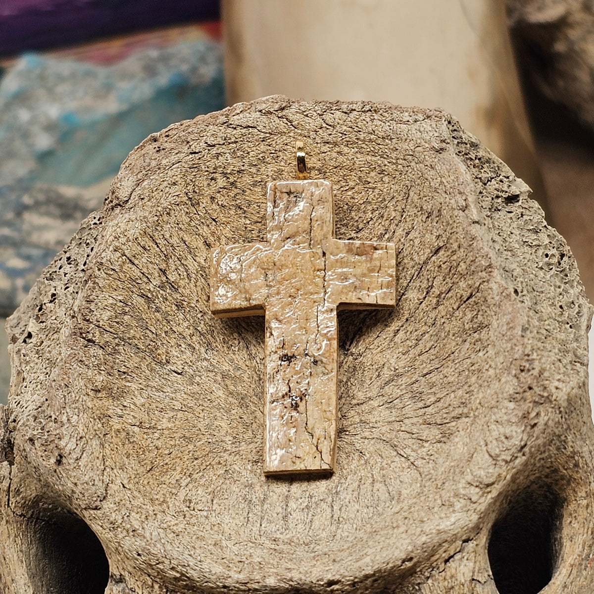 Woolly Mammoth Fossil Ivory Carved Christian Cross Pendant | Ice Age Treasures