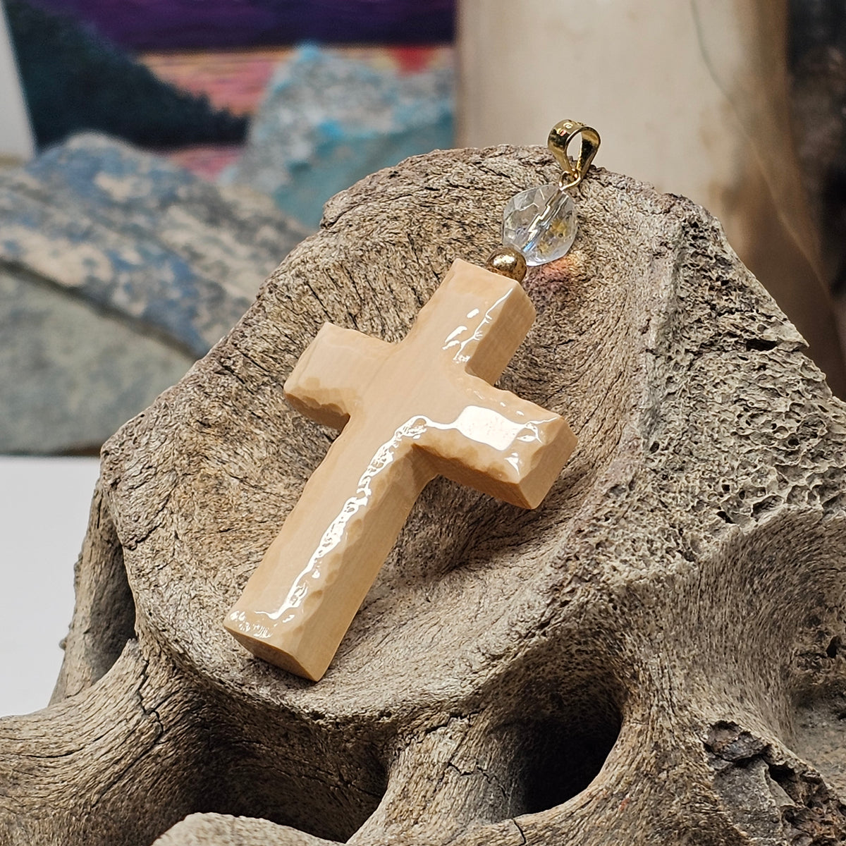 Woolly Mammoth Fossil Ivory Christian Cross Pendant - Carved