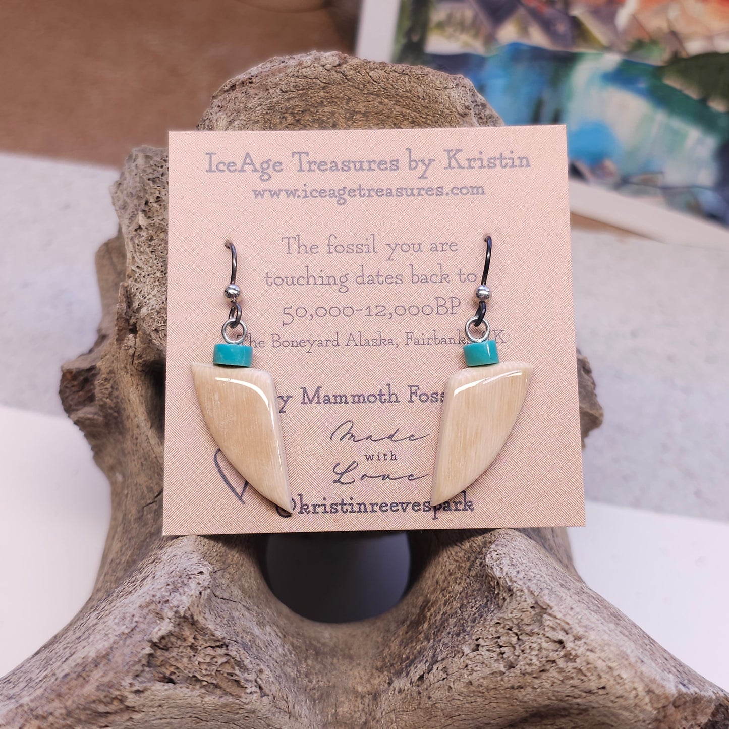 Boneyard Alaska Woolly Mammoth Ivory Earrings with Turquoise Heishi Drop