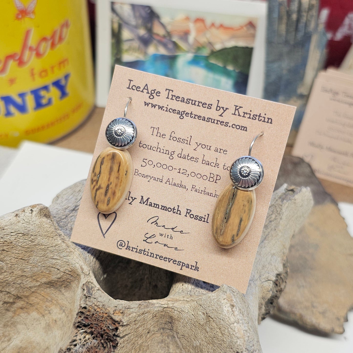 Boneyard Alaska Woolly Mammoth Ivory Cabochon and Sterling Sunflower Earrings