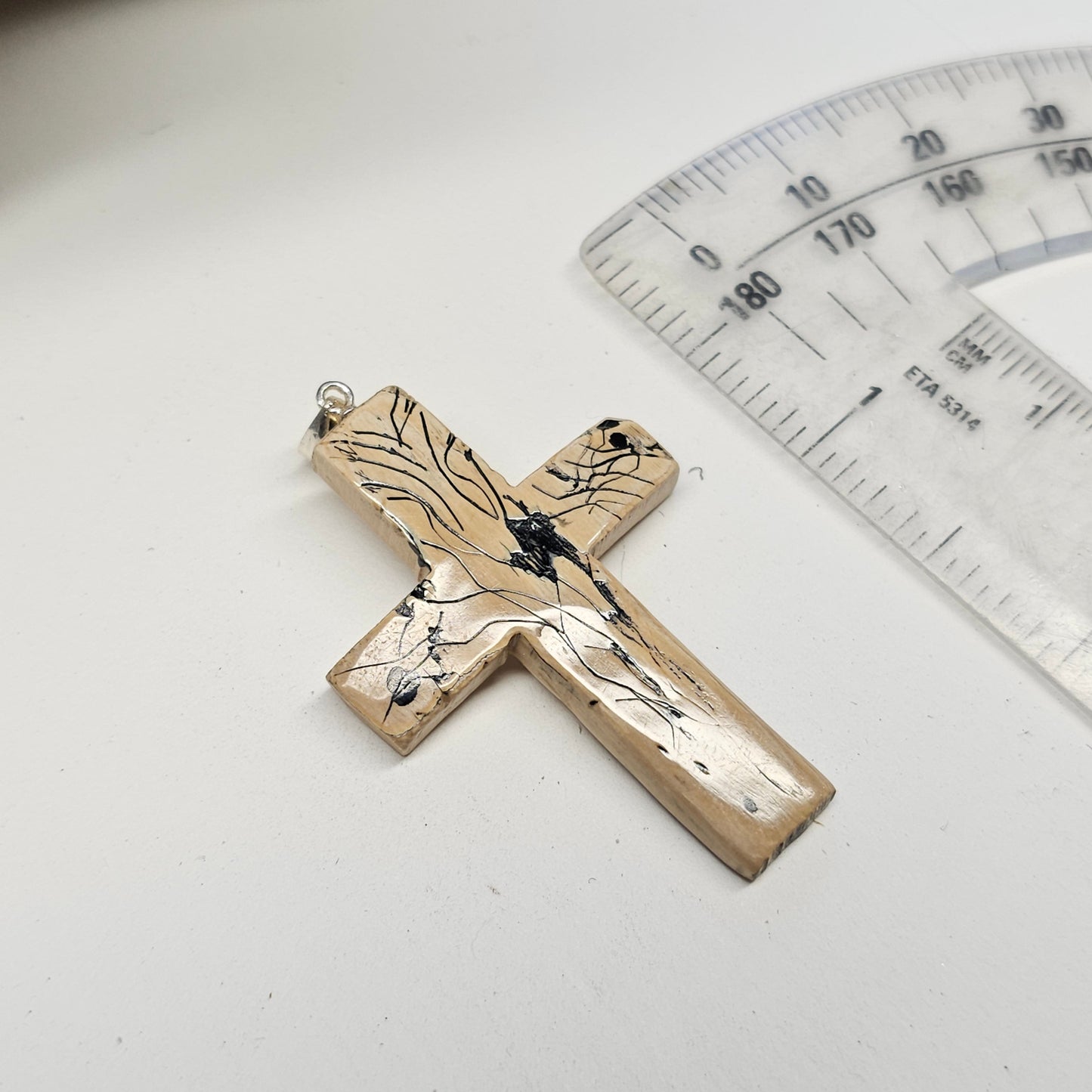 Boneyard Alaska Woolly Mammoth Ivory Scribed and Inked Christian Cross Pendant