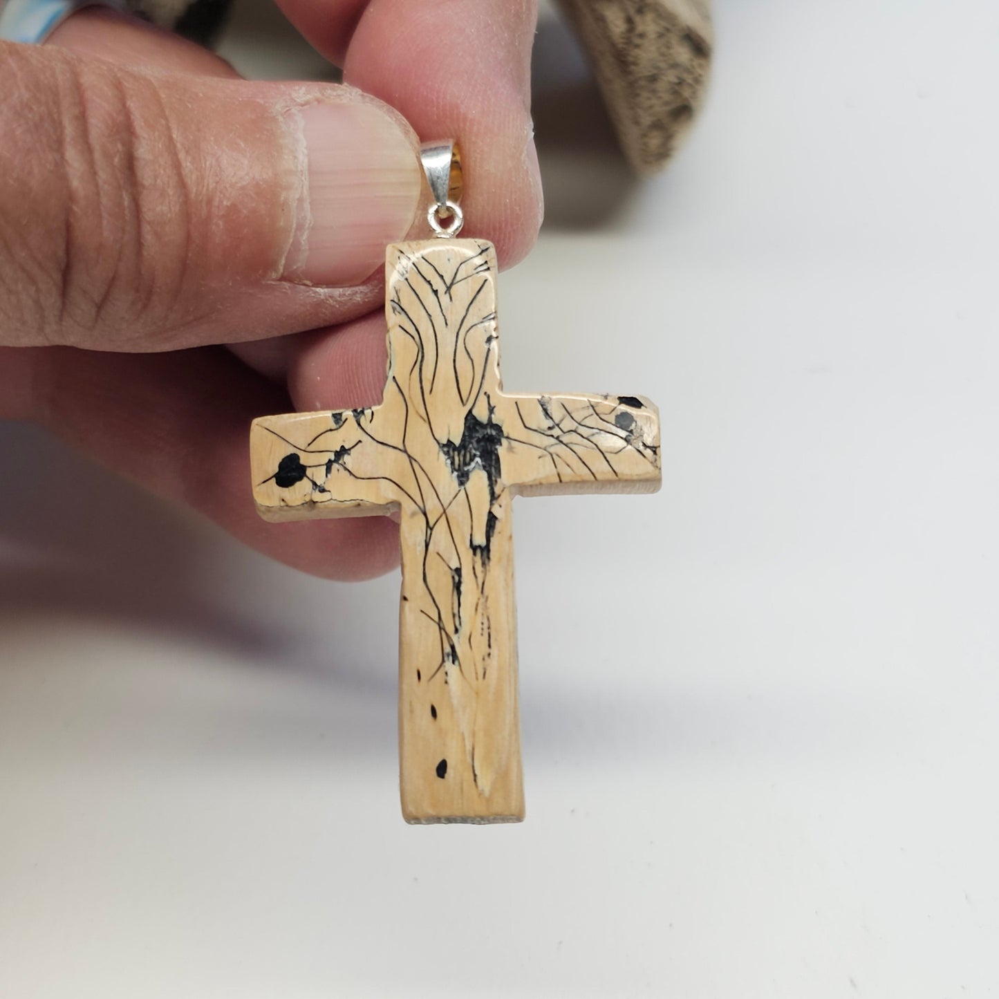 Boneyard Alaska Woolly Mammoth Ivory Scribed and Inked Christian Cross Pendant