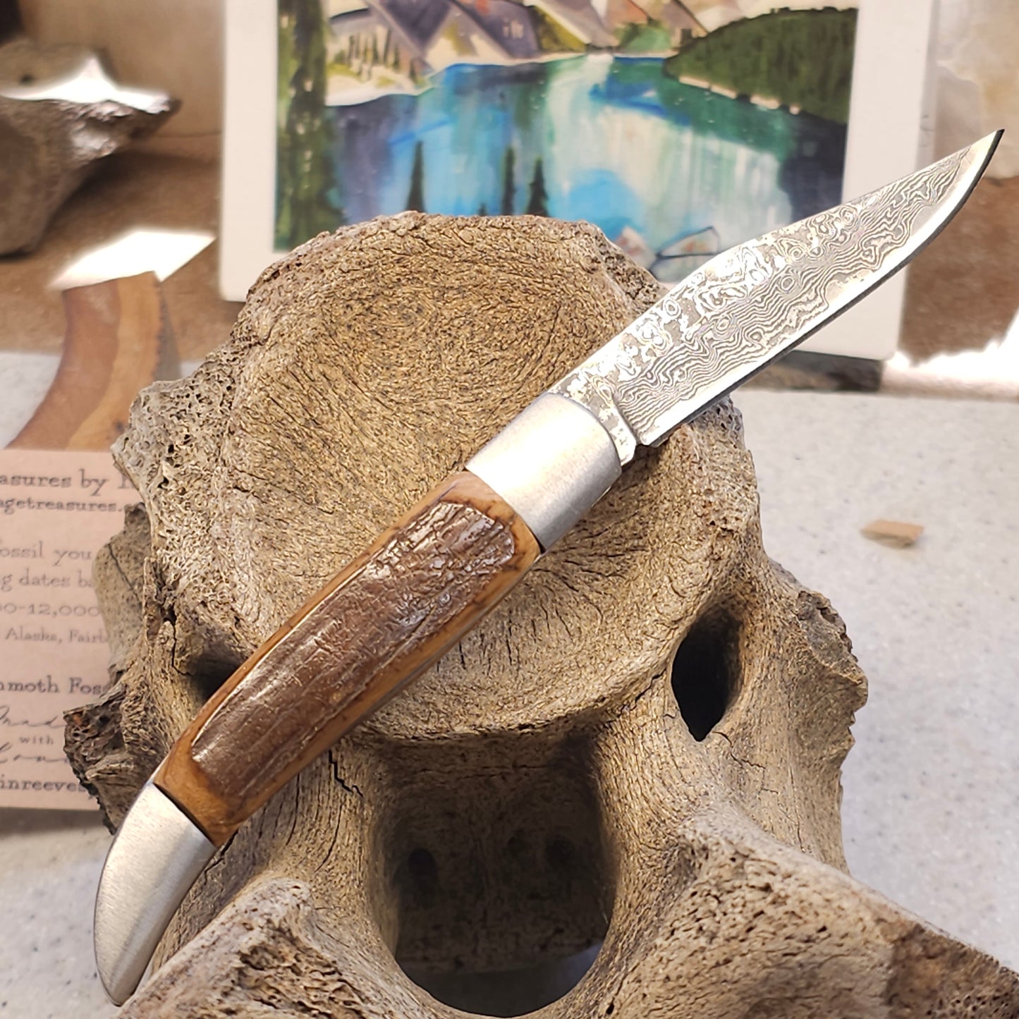 Boneyard Alaska Woolly Mammoth Ivory - Texas Toothpick Damascus Pocket Knife