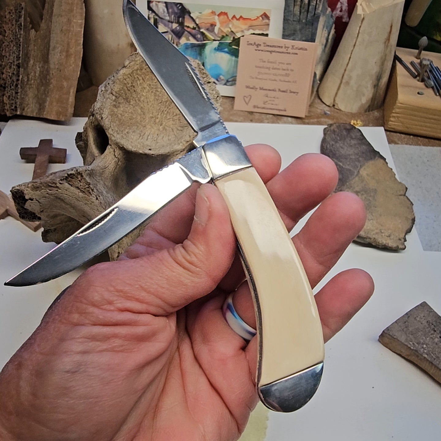 Boneyard Alaska Woolly Mammoth Ivory Grip "TRAPPER" Pocket Knife