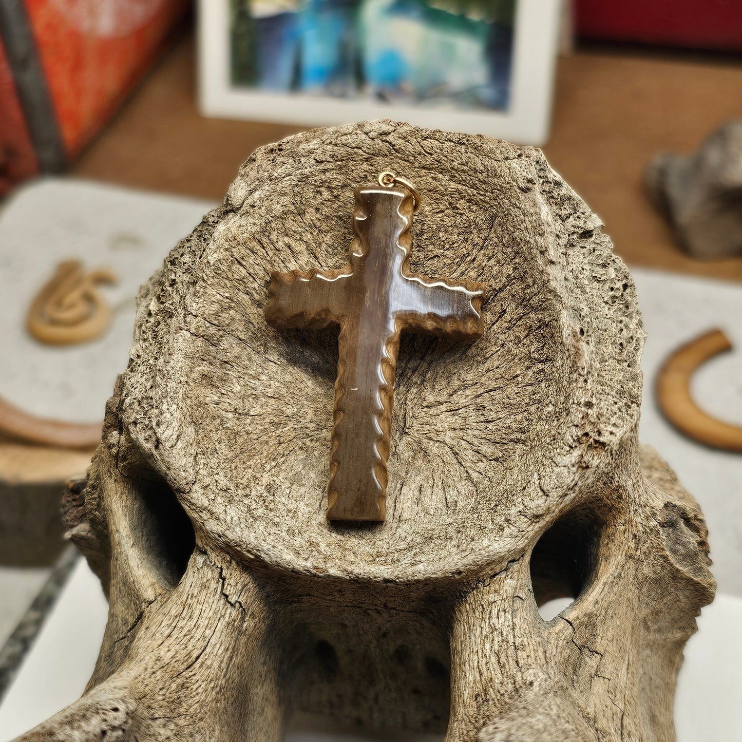 Boneyard Alaska Woolly Mammoth Ivory-Carved Christian Cross Pendant
