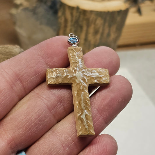 Boneyard Alaska Woolly Mammoth Ivory Carved Christian Cross with Glacier Blue Bale