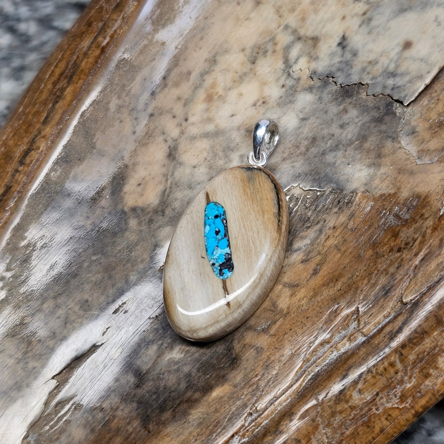 Boneyard Alaska Woolly Mammoth Ivory Cabochon and Turquoise Inlay Pendant