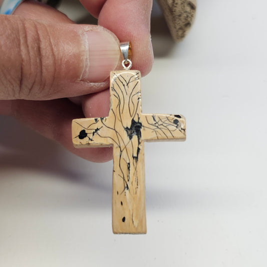 Boneyard Alaska Woolly Mammoth Ivory Scribed and Inked Christian Cross Pendant