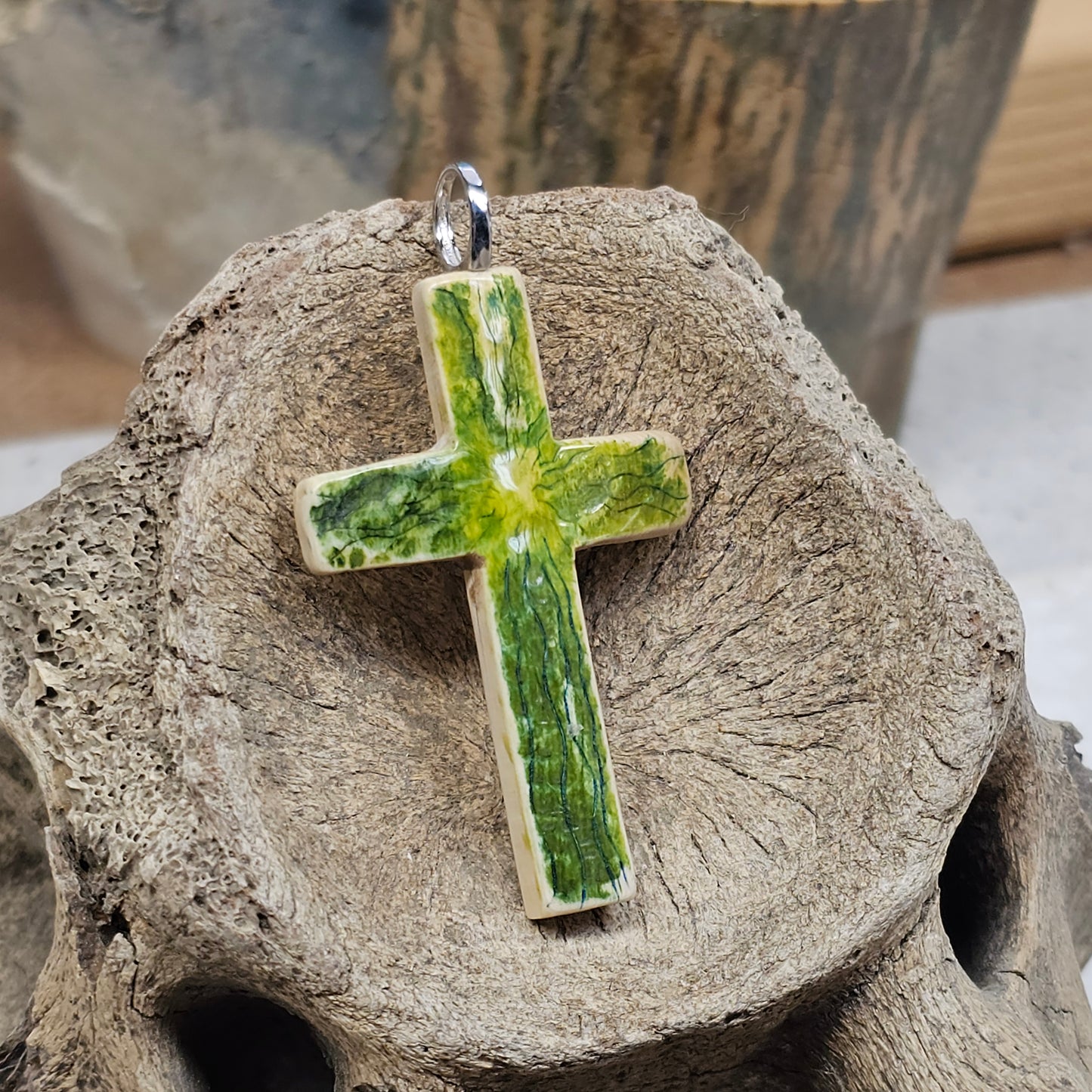 Boneyard Alaska Woolly Mammoth Ivory Scribed and Inked Christian Cross Pendant