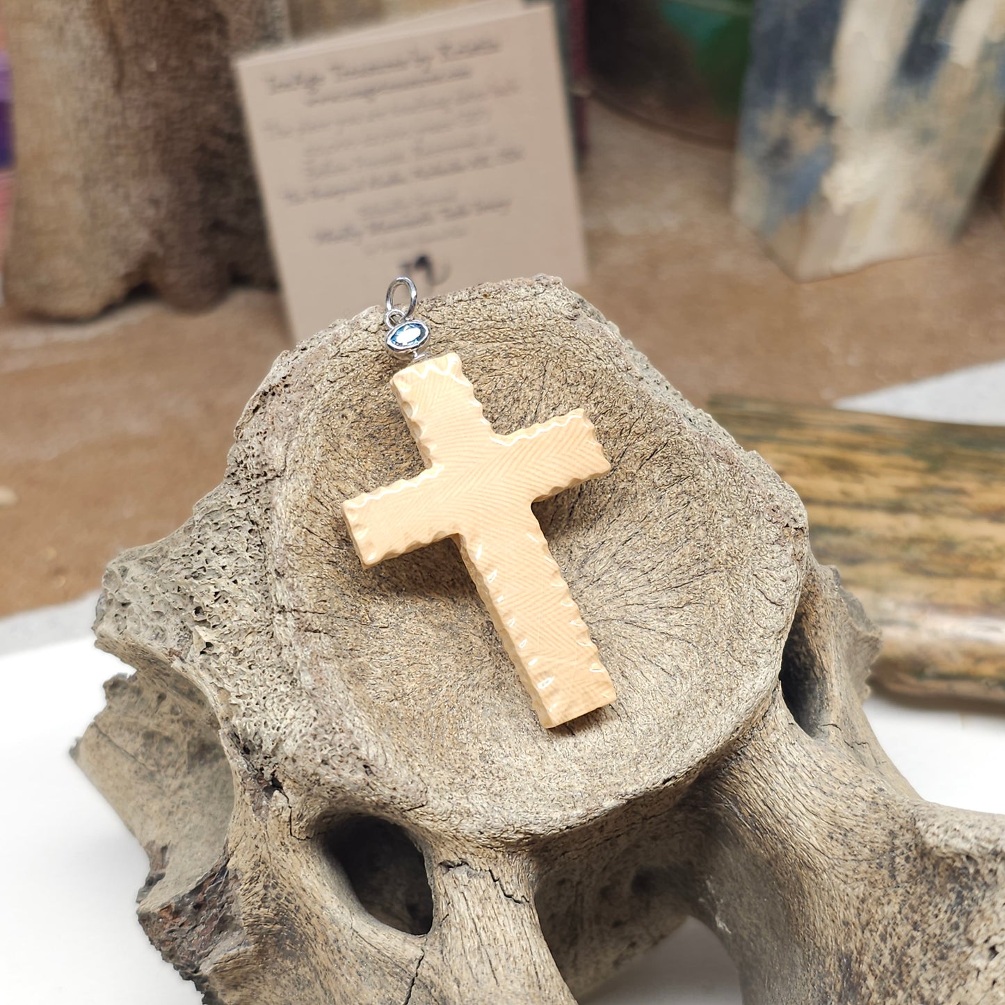 Boneyard Alaska Woolly Mammoth Ivory Carved Christian Cross with Glacier Blue Bale