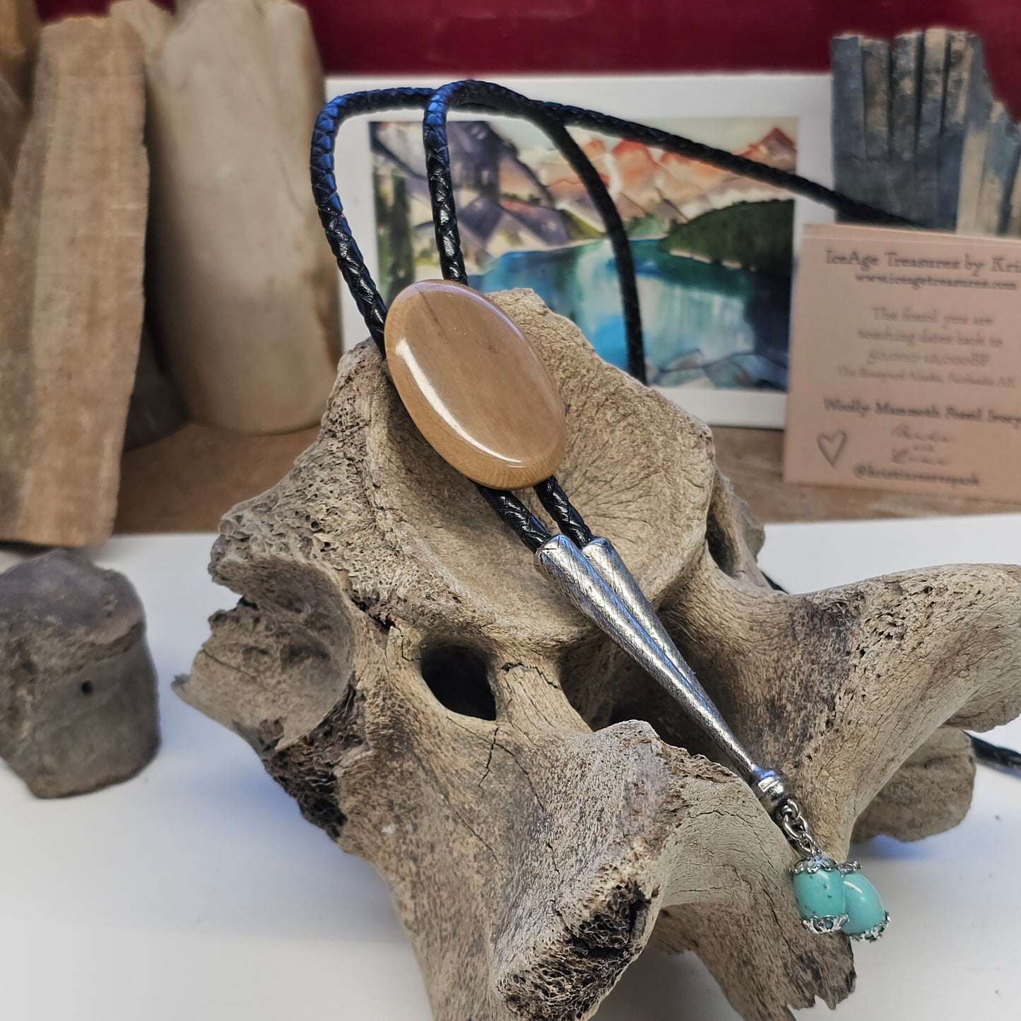 Boneyard Alaska Woolly Mammoth Ivory Bolo Tie with Turquoise Drops