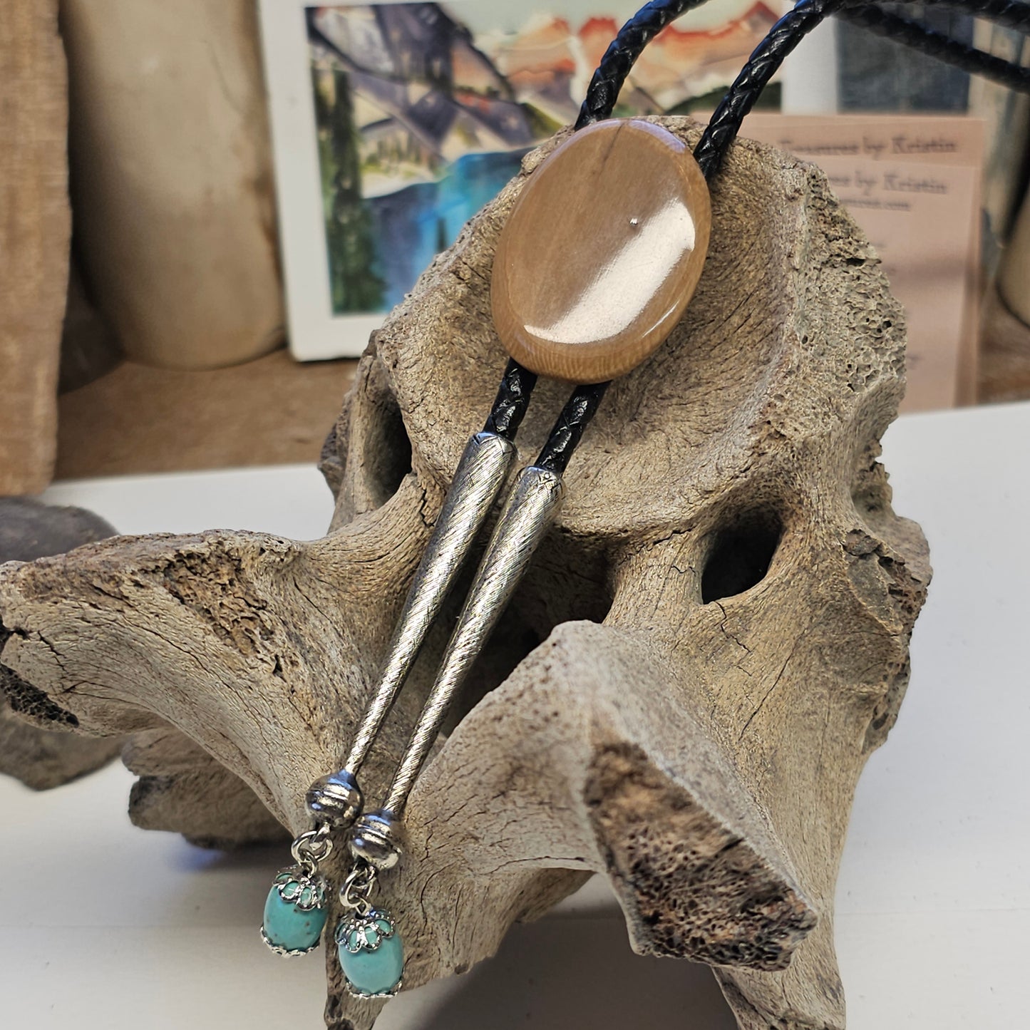 Boneyard Alaska Woolly Mammoth Ivory Bolo Tie with Turquoise Drops