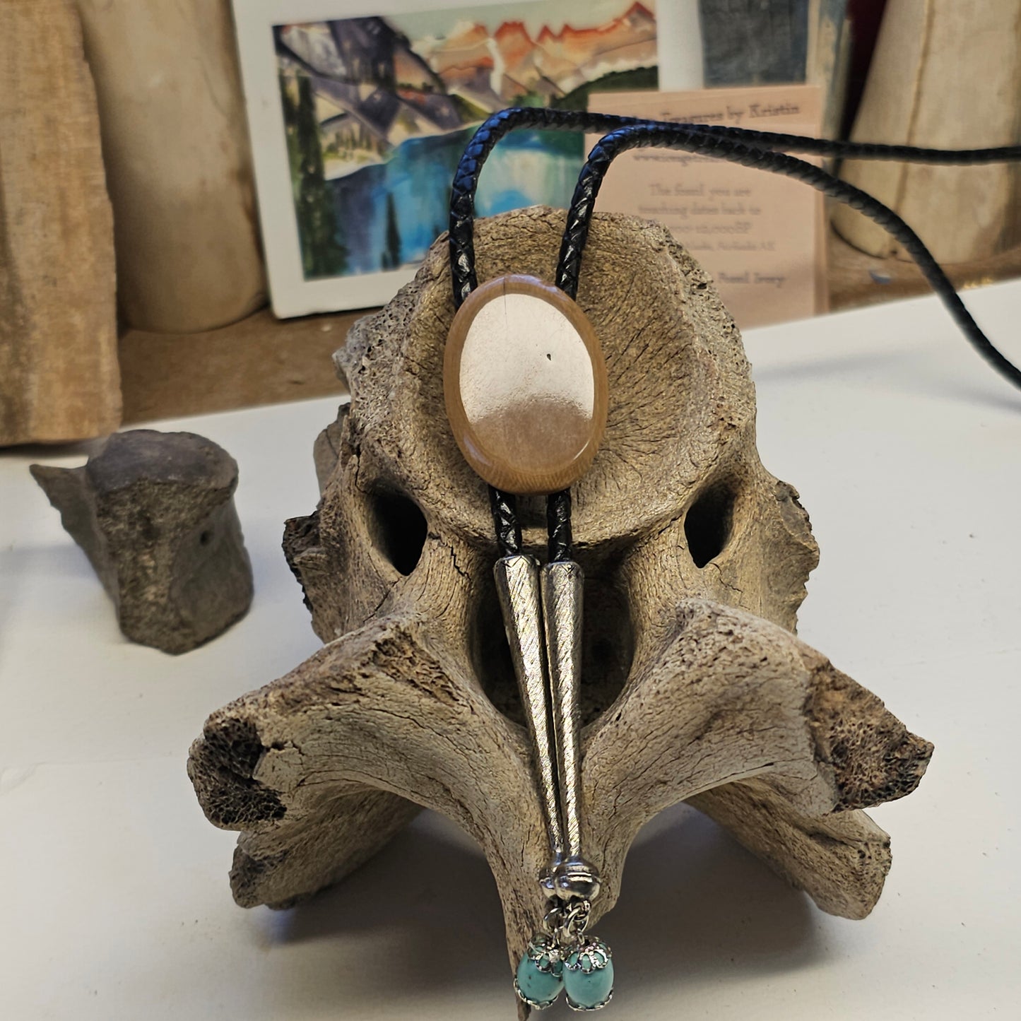 Boneyard Alaska Woolly Mammoth Ivory Bolo Tie with Turquoise Drops