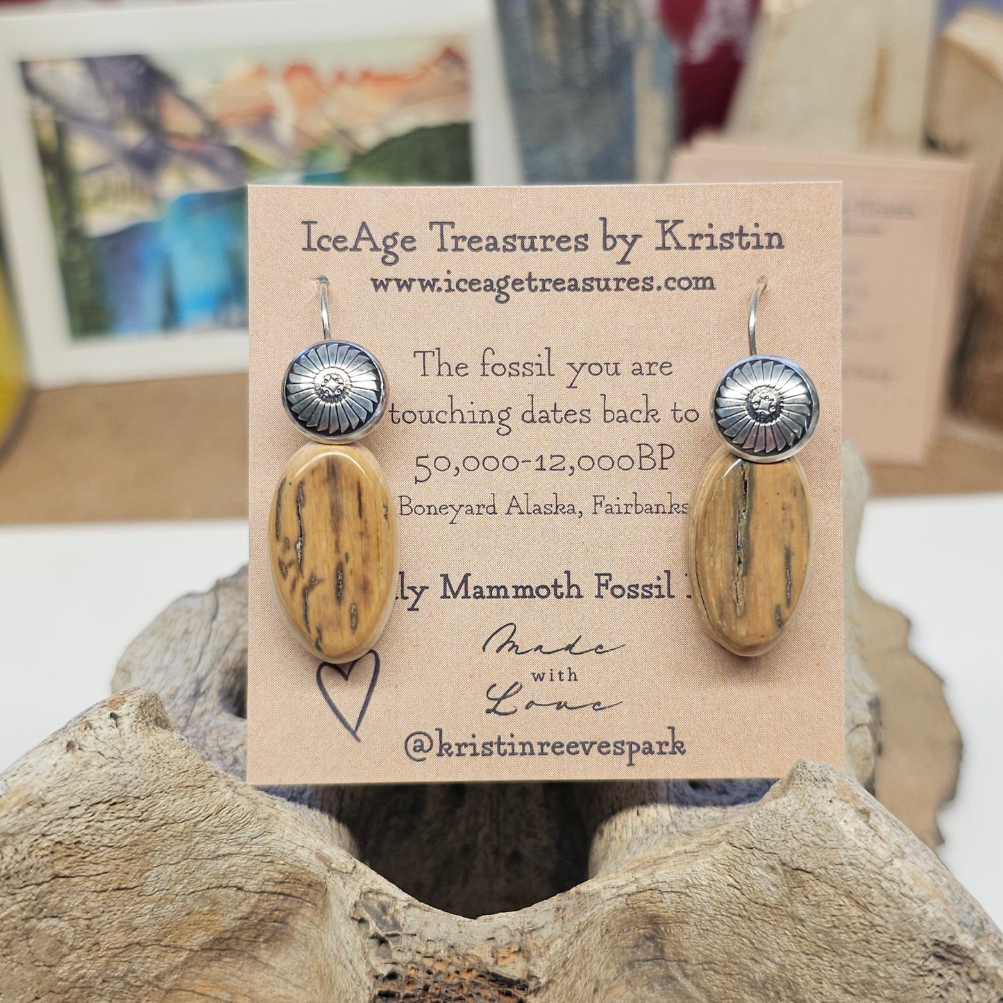 Boneyard Alaska Woolly Mammoth Ivory Cabochon and Sterling Sunflower Earrings