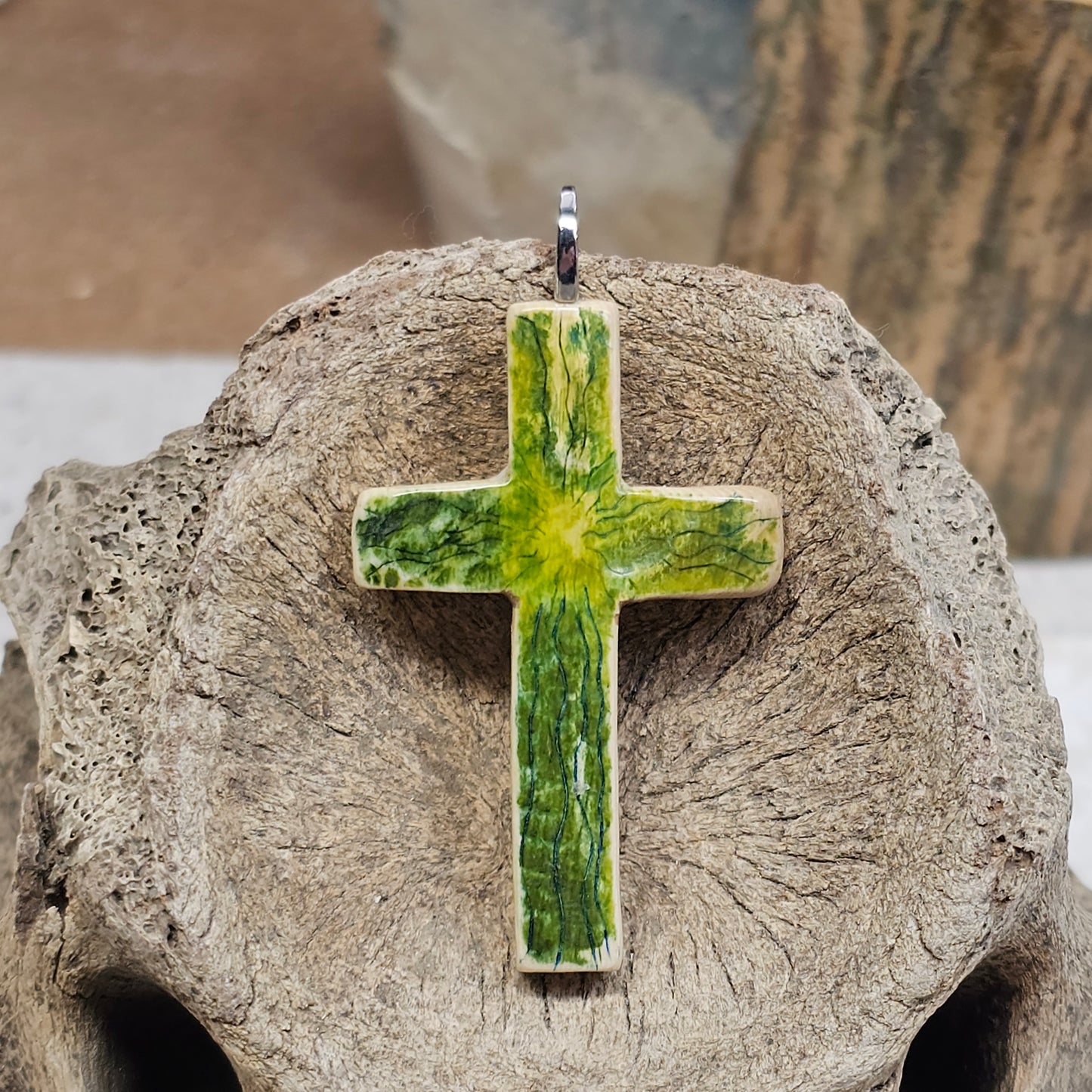 Boneyard Alaska Woolly Mammoth Ivory Scribed and Inked Christian Cross Pendant