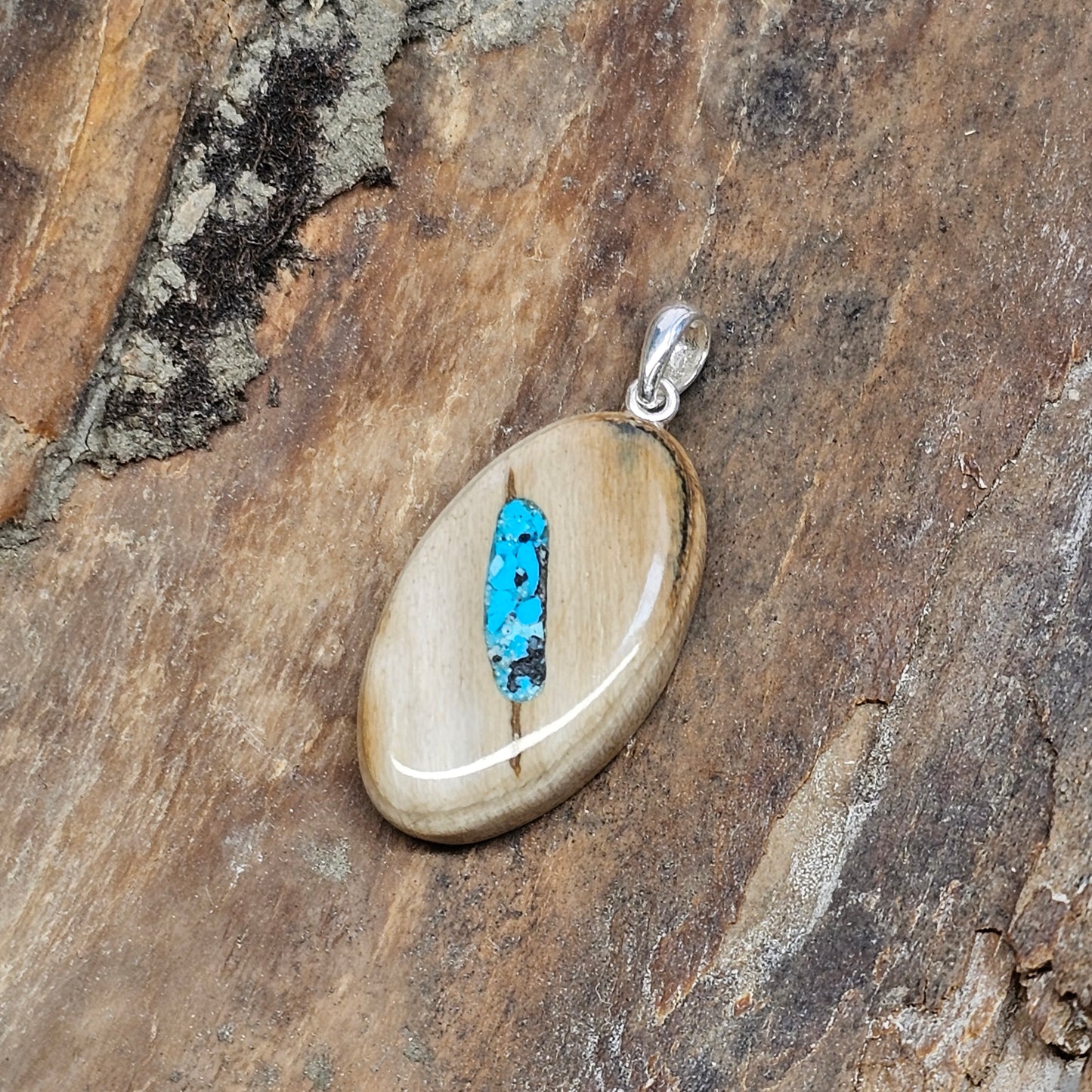 Boneyard Alaska Woolly Mammoth Ivory Cabochon and Turquoise Inlay Pendant