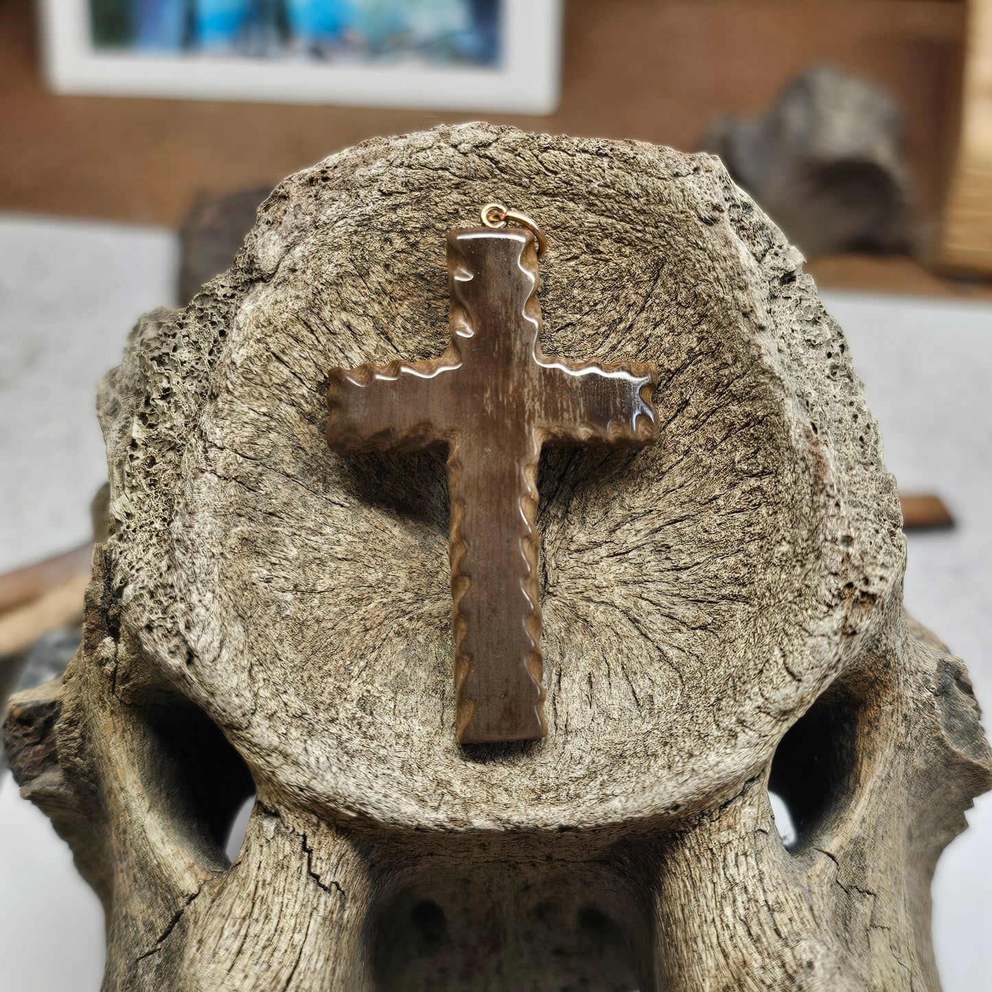 Boneyard Alaska Woolly Mammoth Ivory-Carved Christian Cross Pendant