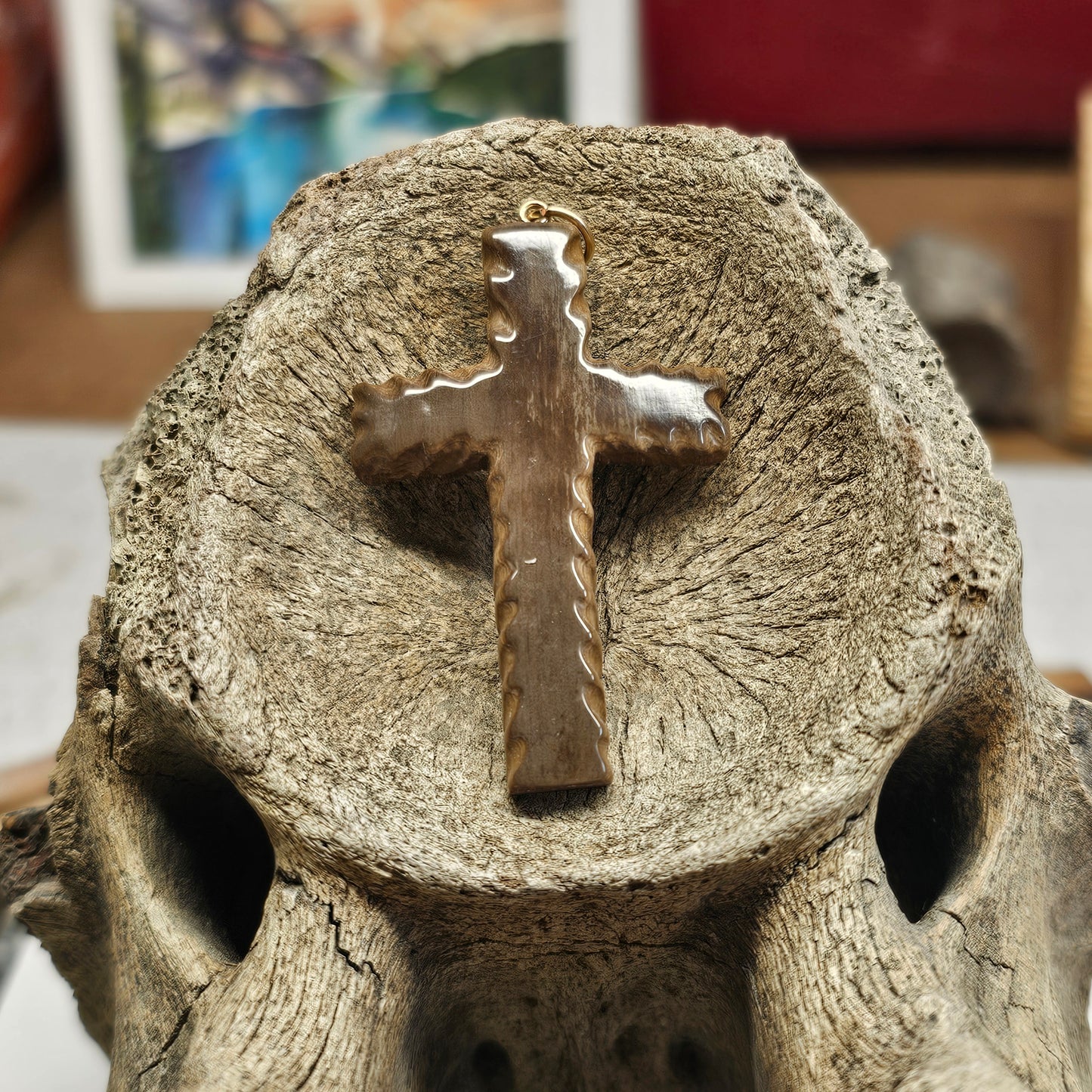 Boneyard Alaska Woolly Mammoth Ivory-Carved Christian Cross Pendant