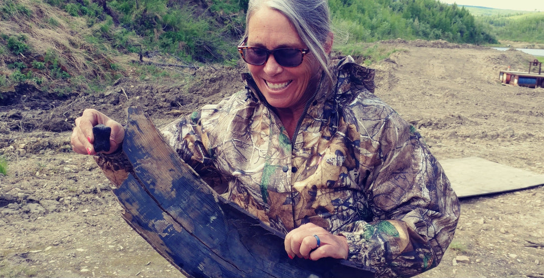 incredible discovery and recovery of a large Vivianite stained Woolly mammoth Tusk fragment she discovered and recovered at the Boneyard Alaska.
