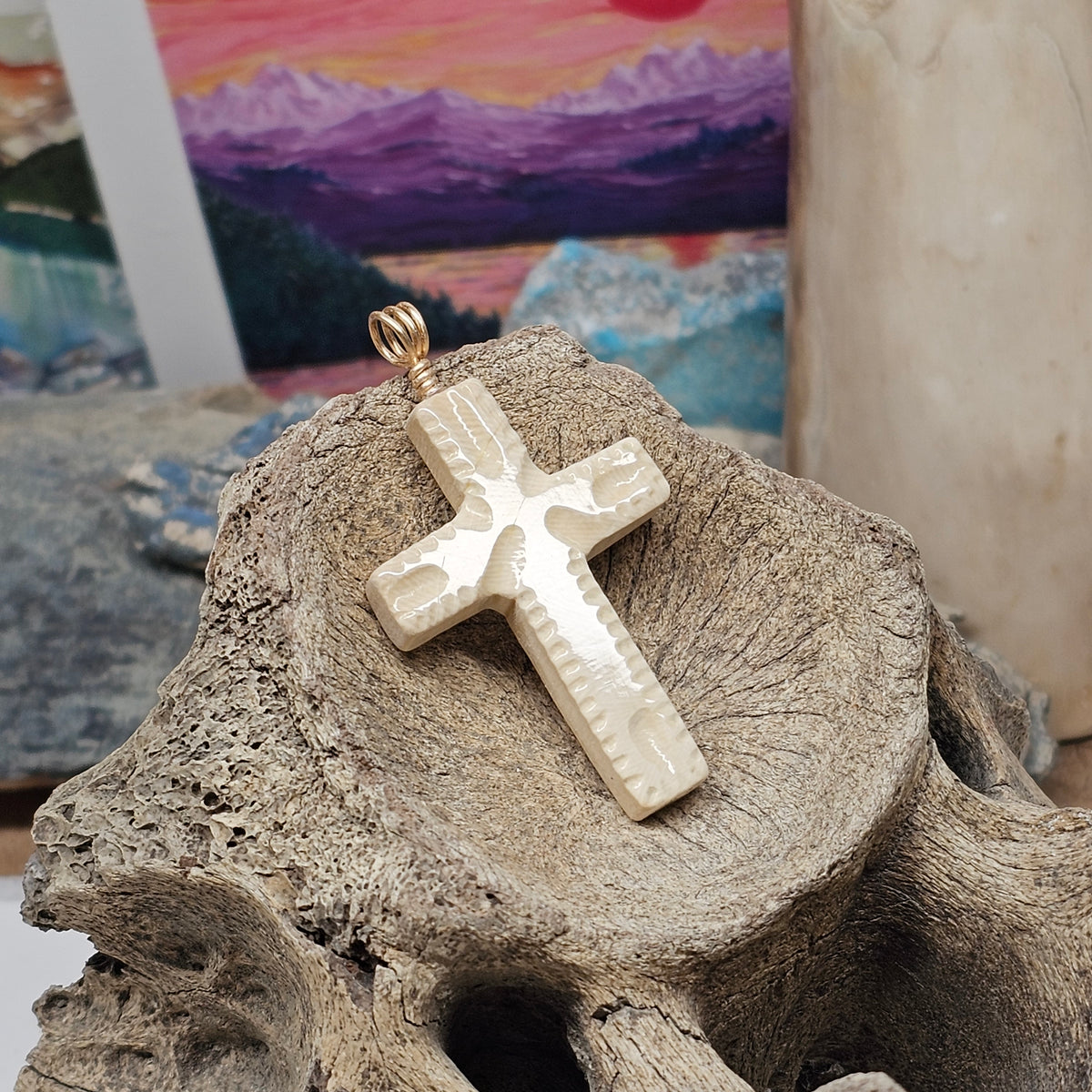 Woolly Mammoth Fossil Ivory Christian Cross Pendant | Ice Age Treasures