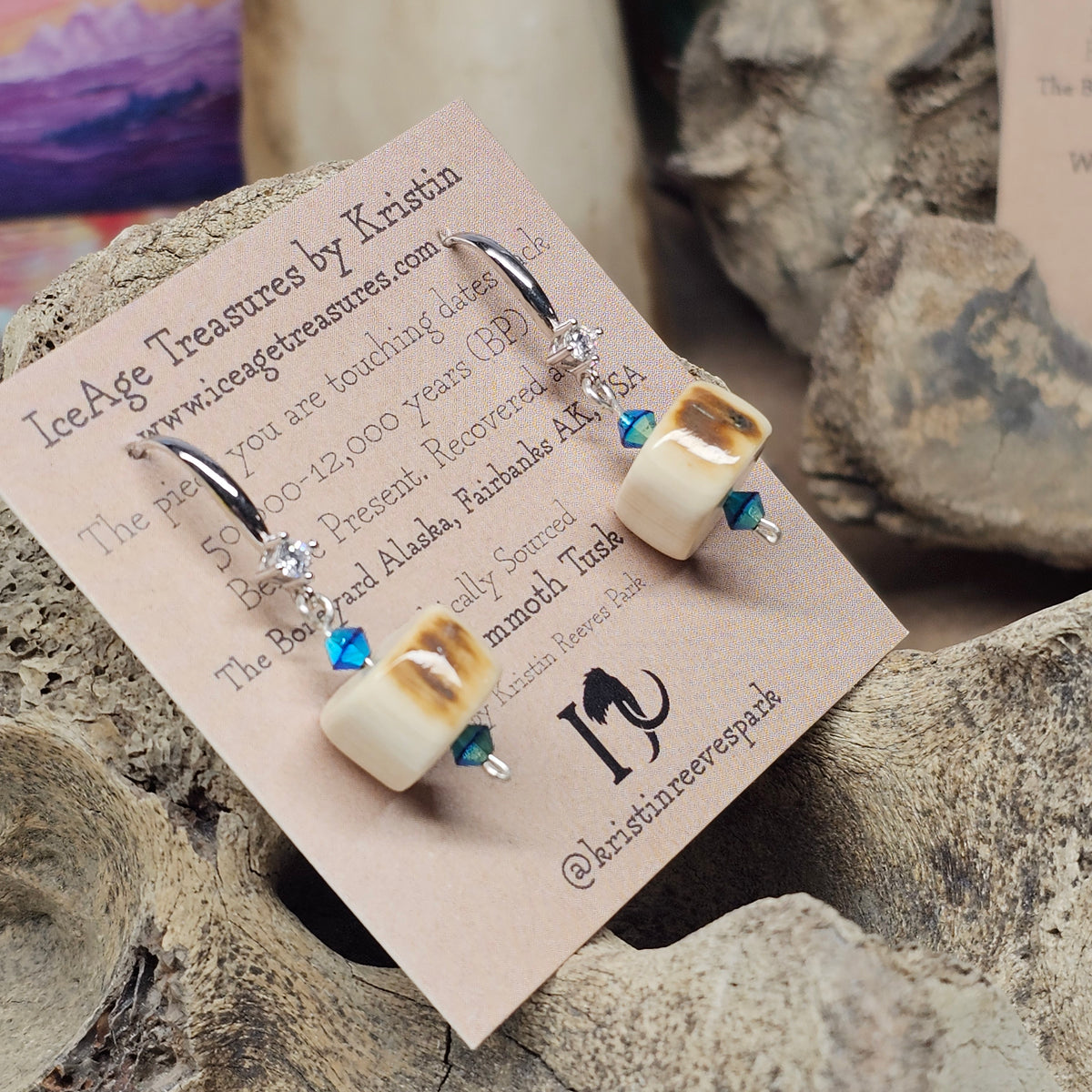  Woolly Mammoth fossil ivory bead earrings with cream and brown markings, blue-green crystals and sterling silver, crafted by Kristin R Park at Ice Age Treasures.