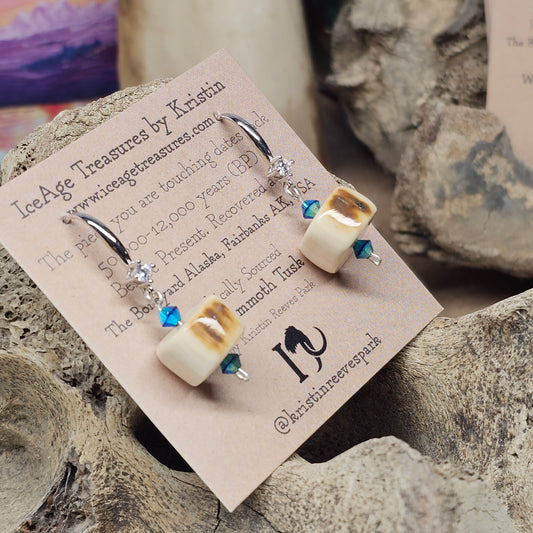  Woolly Mammoth fossil ivory bead earrings with cream and brown markings, blue-green crystals and sterling silver, crafted by Kristin R Park at Ice Age Treasures.