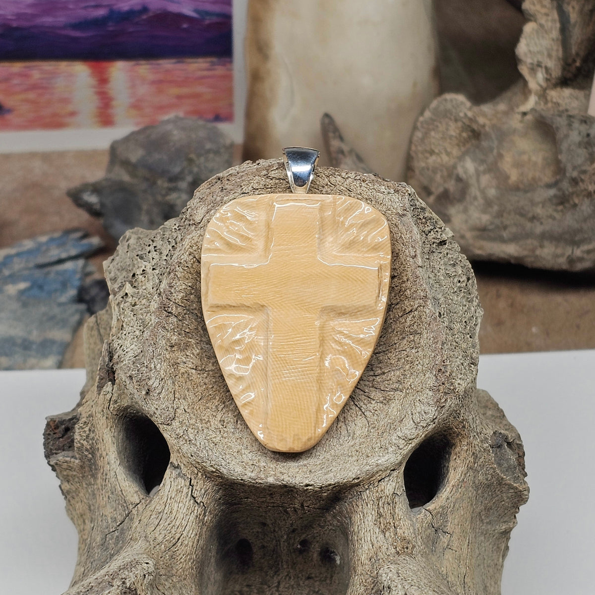 Woolly Mammoth Fossil Ivory Carved Christian Cross Pendant | Ice Age Treasures