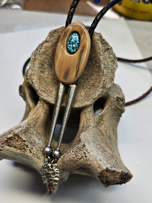 Woolly Mammoth Ivory Bolo Tie with Kingman Turquoise Inlay