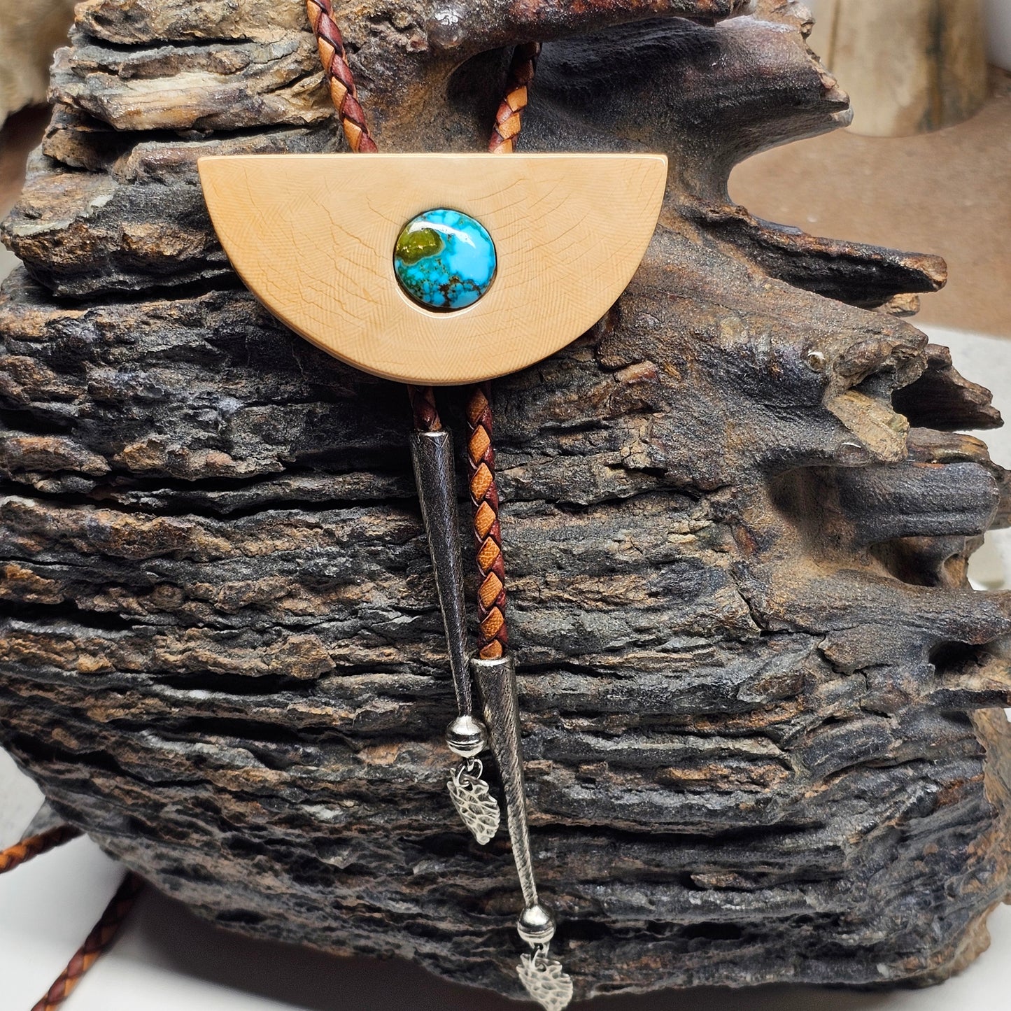 Boneyard Alaska Woolly Mammoth Ivory and Kingman Turquoise BOLO Tie